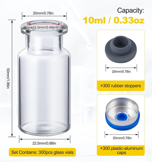 FOUR E'S SCIENTIFIC 10ml Glass Vials, 300 PCS Lab Headspace Vial with Rubber Stoppers and Plastic-Aluminum Flip Caps