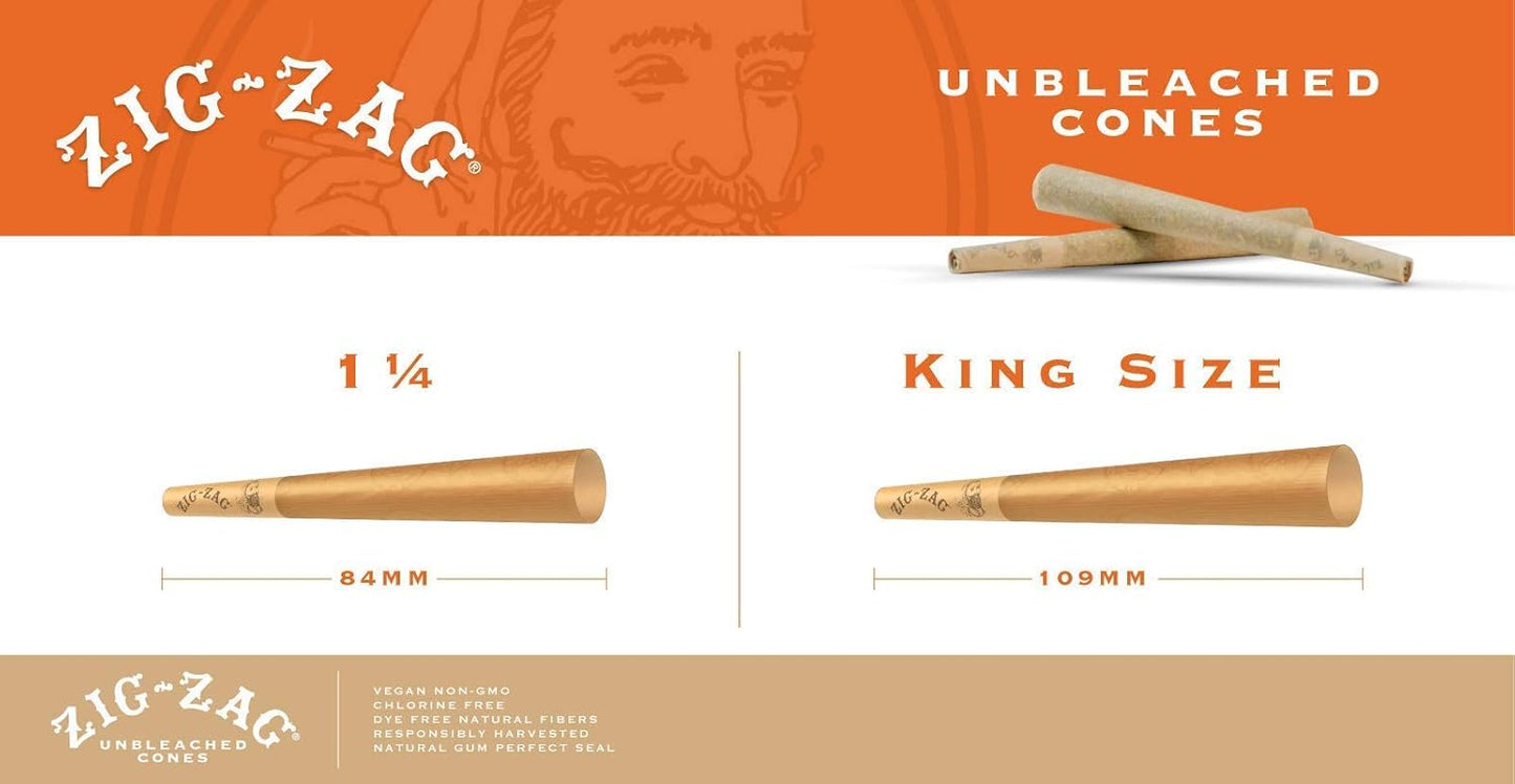 ZIG-ZAG 1 ¼ Pre Rolled Natural Unbleached Cones with Tips - Prerolled Rolling Paper Cone 50 Pack, King Size Unbleached Cones - 50 Pack, Small Vintage Rolling Tray