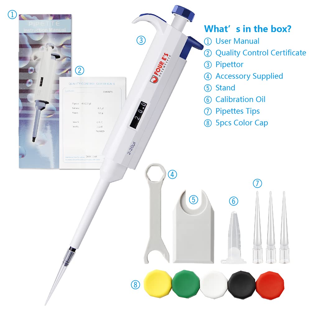 FOUR E'S SCIENTIFIC 100uL-1000uL High-Accurate Single-Channel Manual Adjustable Variable Volume Pipettes