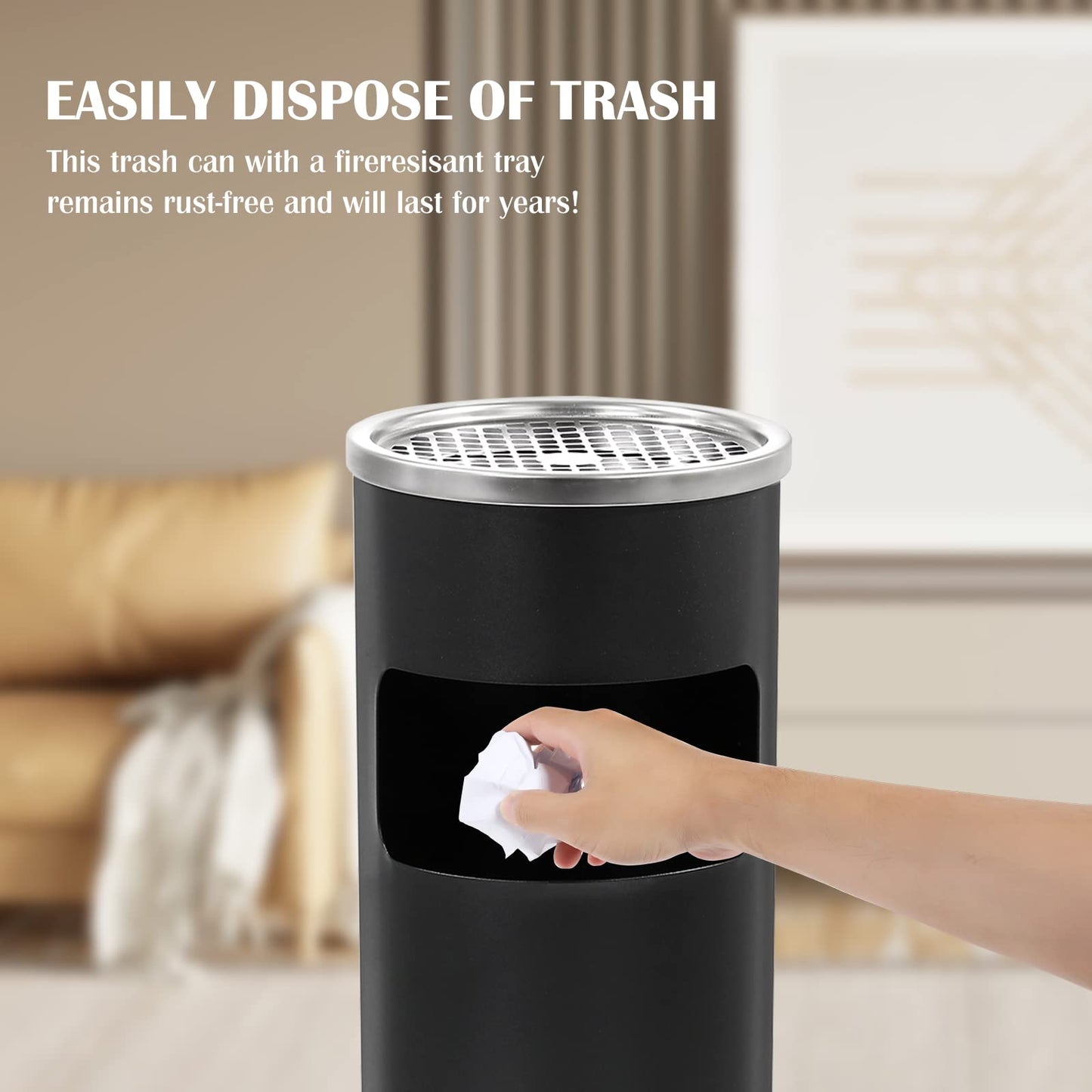 Trash Can Outdoor Waste Container Square Stainless Steel Trash Can with Removable Inner Bucket for Disposal Commercial Waste Container 9.45‘’ x 9.45‘’ x 24.02‘’-Black