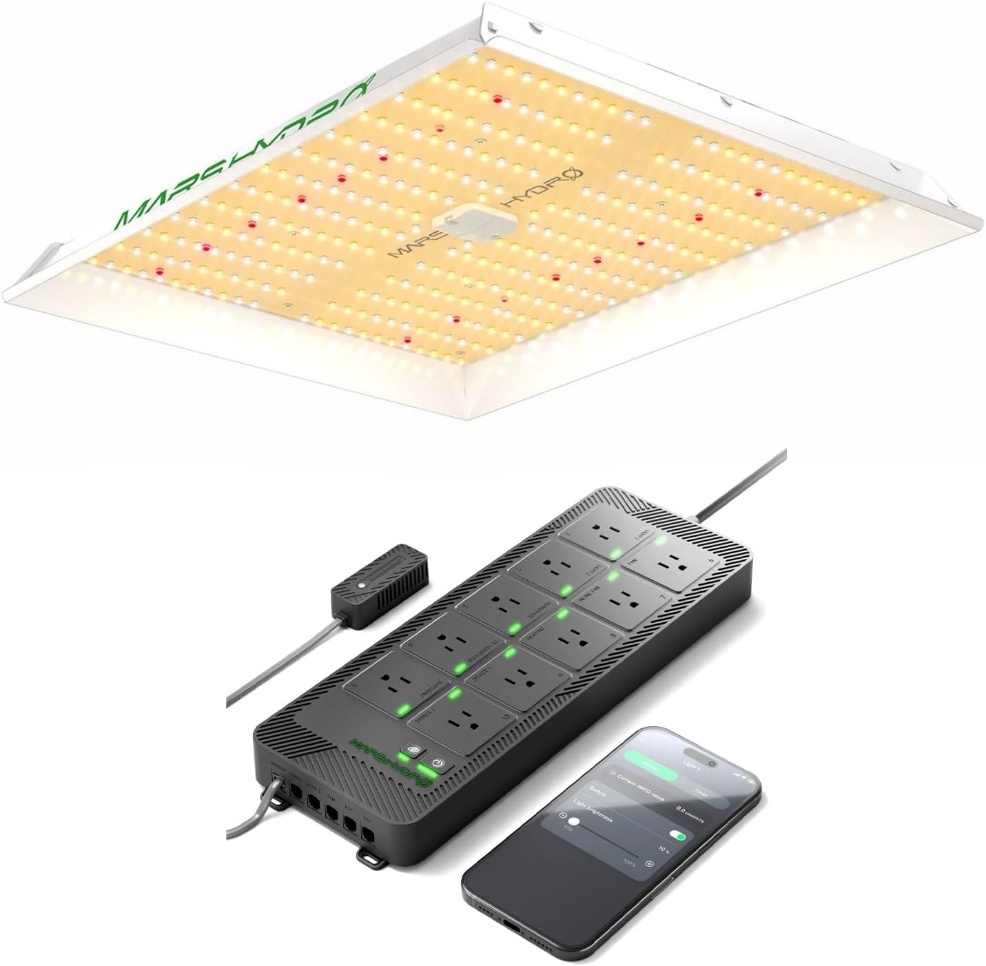 MARS HYDRO 2025 TS1000 150Watt LED Grow Light and iHub-Pro Smart 10AC Power Strip Kit 10-Outlet All-in-One Grow Room Hub