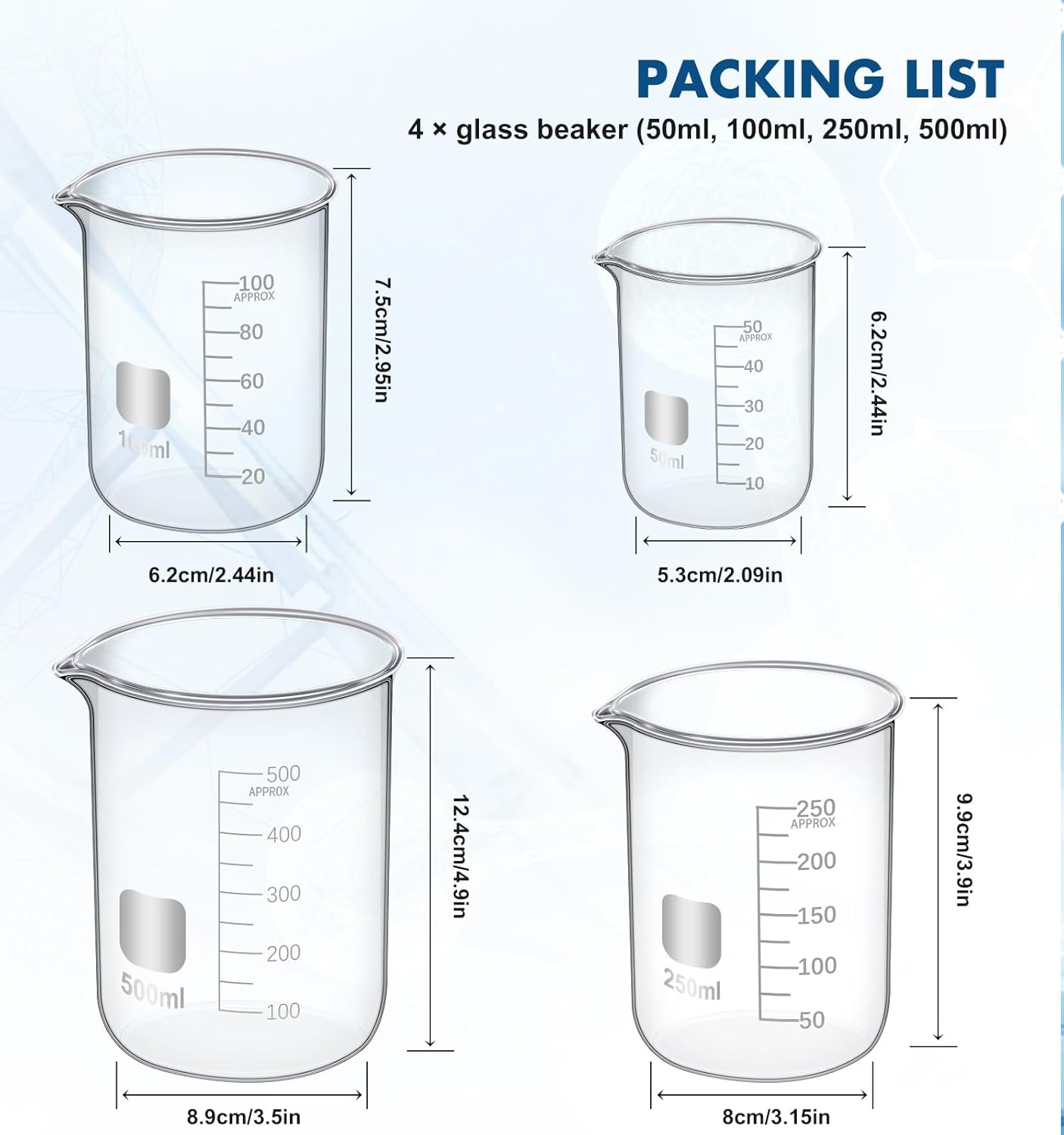 FOUR E'S SCIENTIFIC Glass Beaker Set 50/100/250/500 ml, Glass Graduated Cylinder 5/10/25/50 ml, 2 Stirring Rods