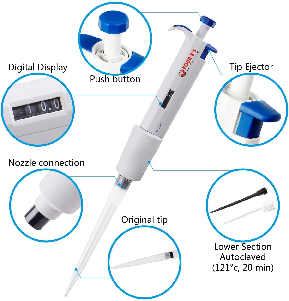 FOUR E'S SCIENTIFIC 1-10ML Single-Channel Pipettor Adjustable Variable Volume Micropipette High Accurate Pipettor for Laboratory