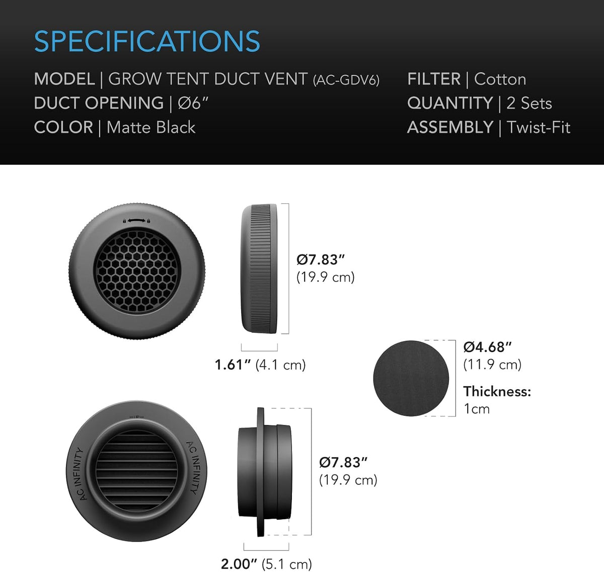 AC Infinity Light-Blocking Grow Tent Duct Vents, Multiple Sizes