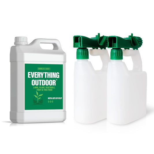 Humboldts Secret Everything Outdoor Plant Food - 5-5-5 Liquid Fertilizer with Kelp - All Purpose Fertilizer (2.5 Gal) w/ 2-Pack 100:1 Garden Hose End Sprayer | Multipurpose Reusable Bottles (32oz)
