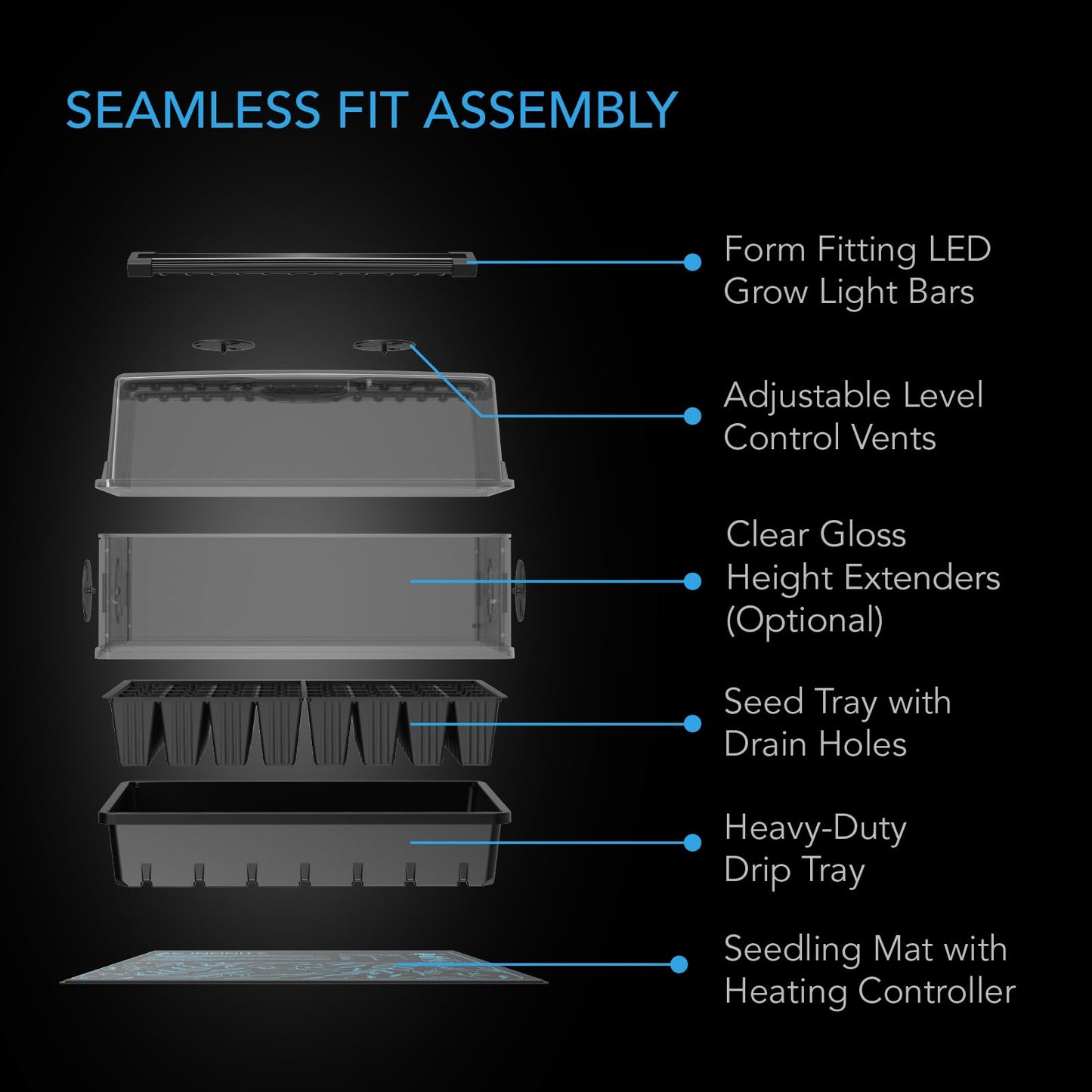 AC Infinity Heavy Duty 3mm Thick Humidity Dome Germination Kit with Waterproof Seedling Mat, Dimmable LED Grow Light Bars, Vented Height Extensions for Indoor Gardening, Seed Starting, Plant Cloning