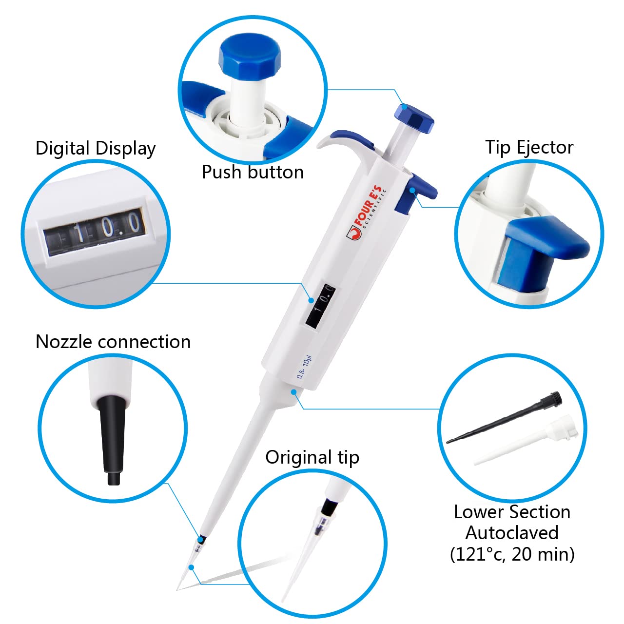 FOUR E'S SCIENTIFIC 1-10ML Single-Channel Pipettor Adjustable Variable Volume Micropipette High Accurate Pipettor for Laboratory