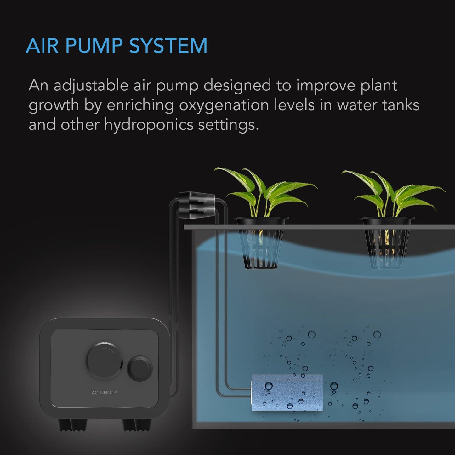 AC Infinity Air Pump One-Outlet Adjustable Oxygen Pump Kit with Tubing, Check Valve, and Air Stone, for Aquariums, Ponds, and Hydroponics Systems