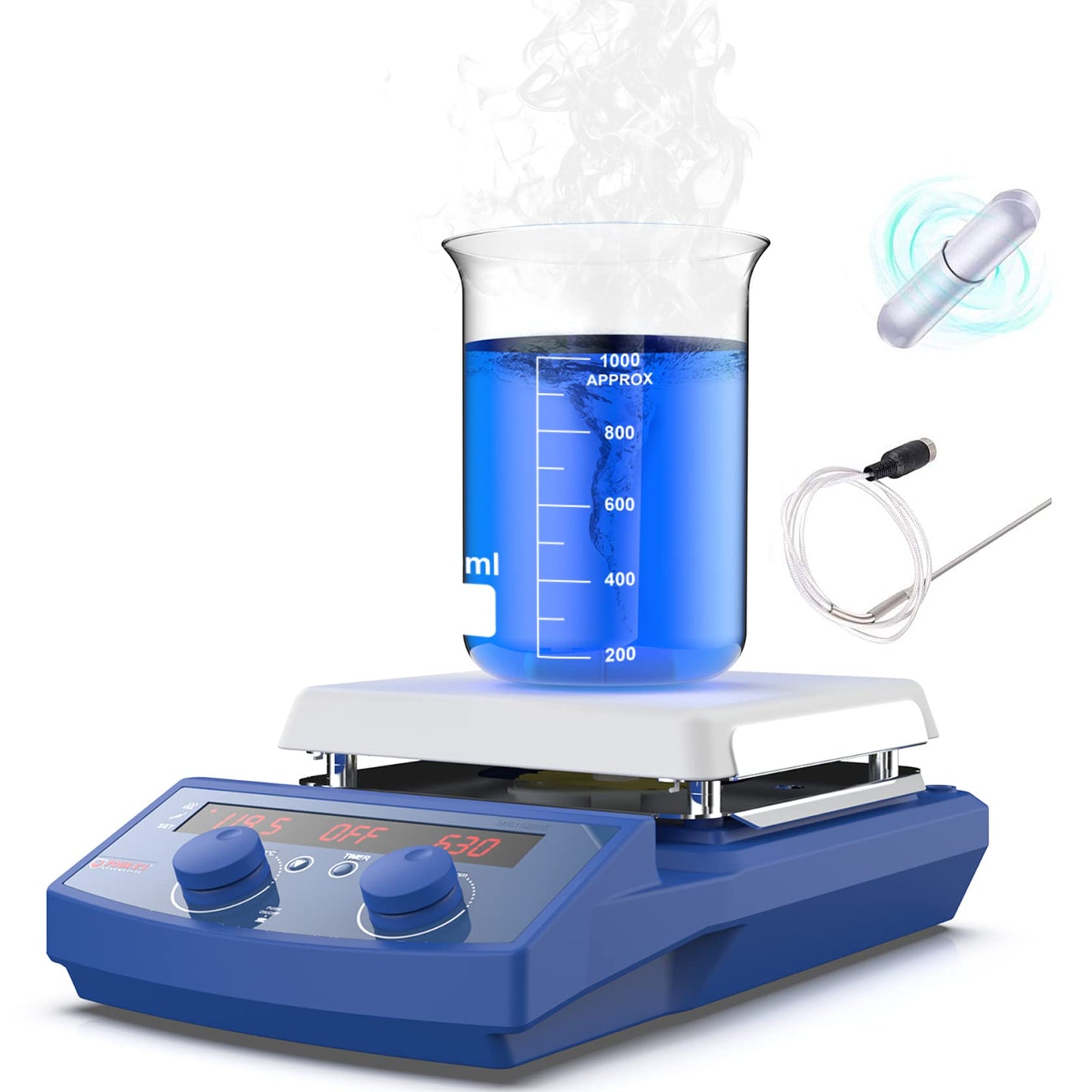 FOUR E'S SCIENTIFIC 510℃/950°F 7 Inch Magnetic Stirrer Hot Plate with Timer Function, 50-1500RPM, Max 20L Stirring Capacity, with Stand, Stir Bar Retriever, Temp Probe Sensor, 4pcs Stir Bars, 110V