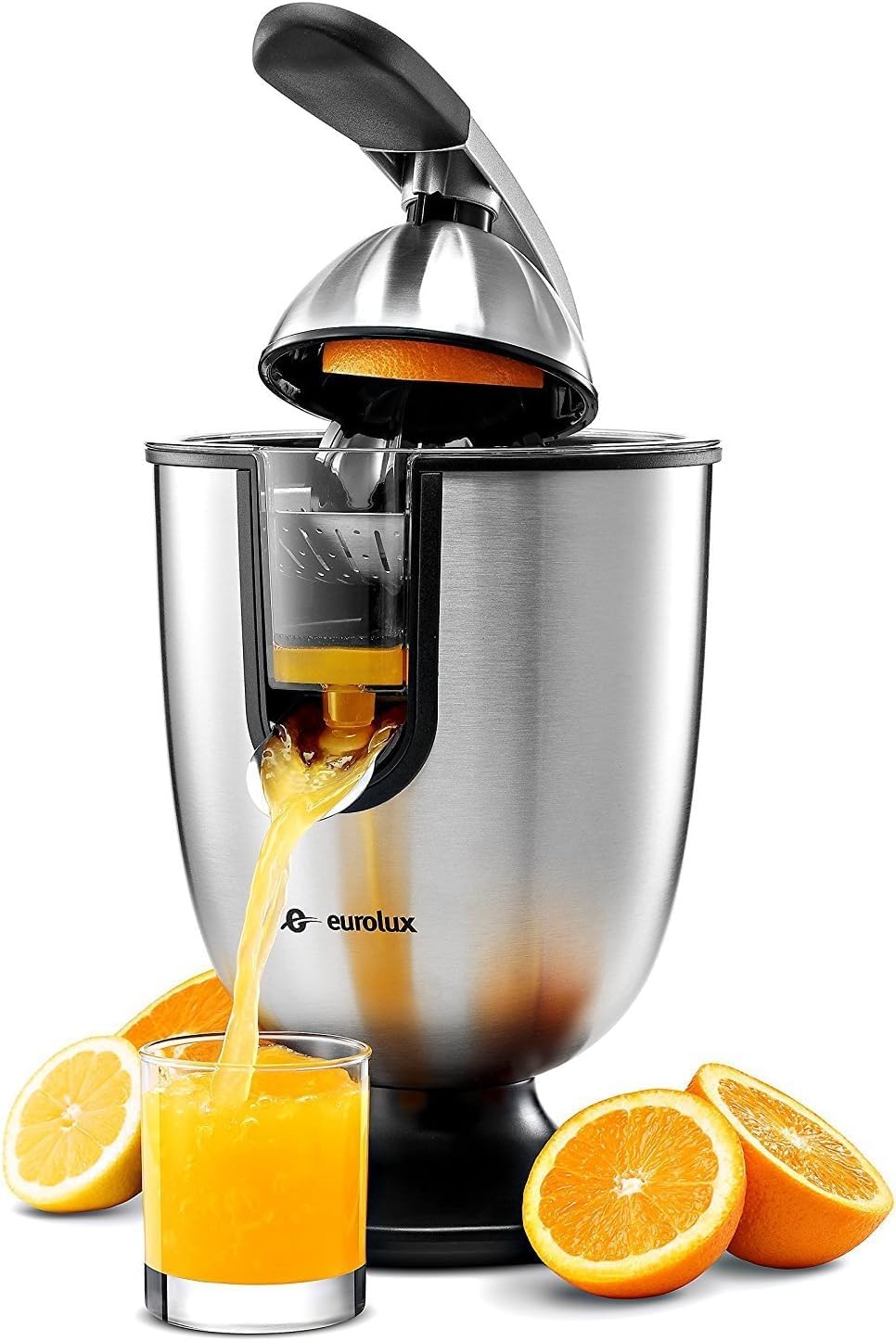 Eurolux Premium Electric Orange Juicer | Stainless Steel Citrus Squeezer With New Ultra-Powerful Motor and Soft Grip Handle for Effortless Juicing, Auto Shutoff, Dishwasher-safe Parts, Pulp Control