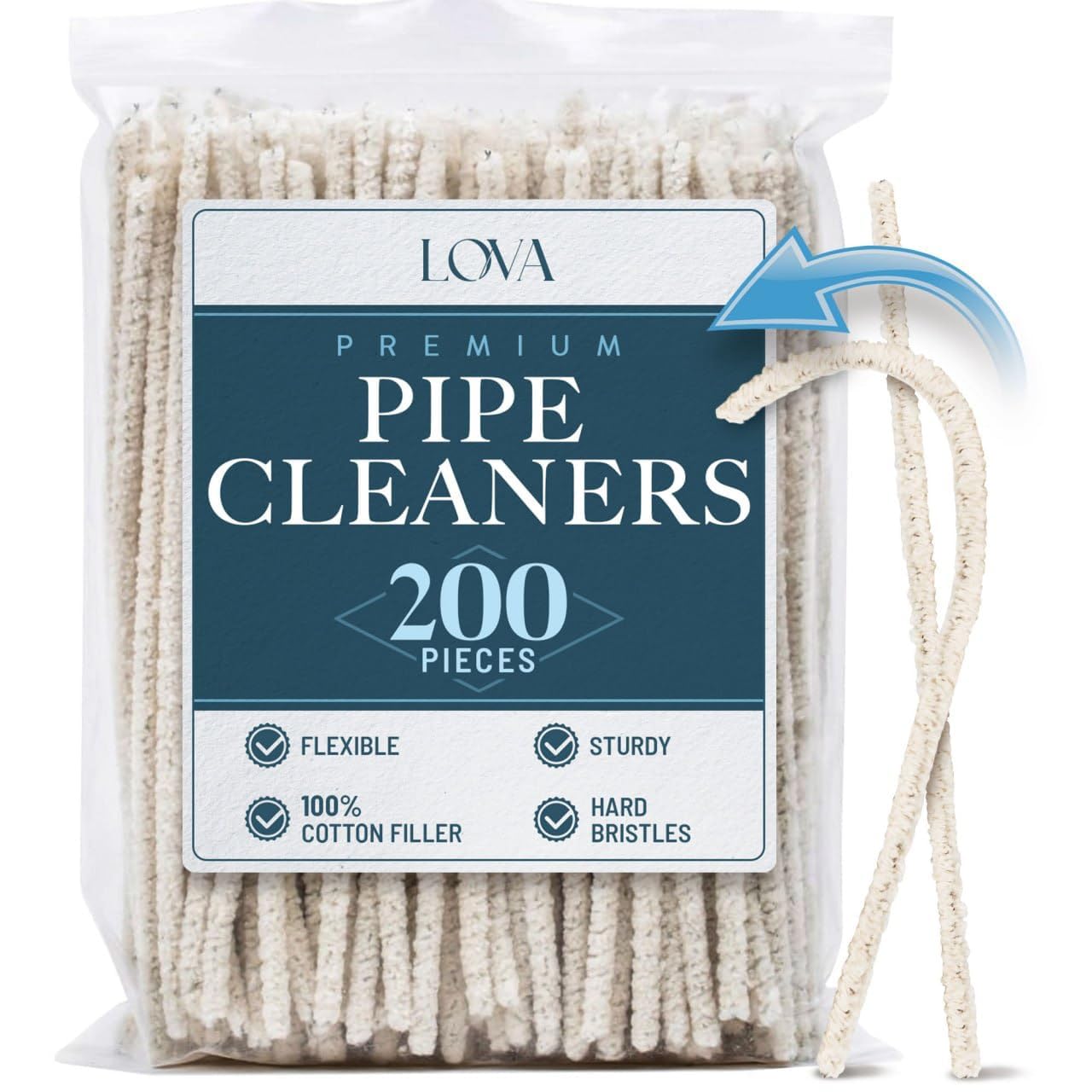 Lova Pipe Cleaners Bulk (200 Hard Bristle) Easily Cleans, Glass Pipe Cleaner for Cleaning, Arts and Crafts, Glass Pipes, Pipecleaners, Chenille Stems, (6 Inchs), 100% Cotton, Steel Wire, White