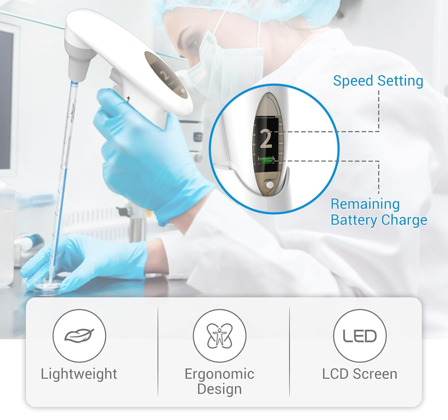 FOUR E'S SCIENTIFIC Electric Pipette Controller 0.1-100mL, Electronic Pipettors Lab Automatic Motorized Pipette Filler, 10h Rechargeable Lithium Battery, LCD Screen, Adjustable Speed