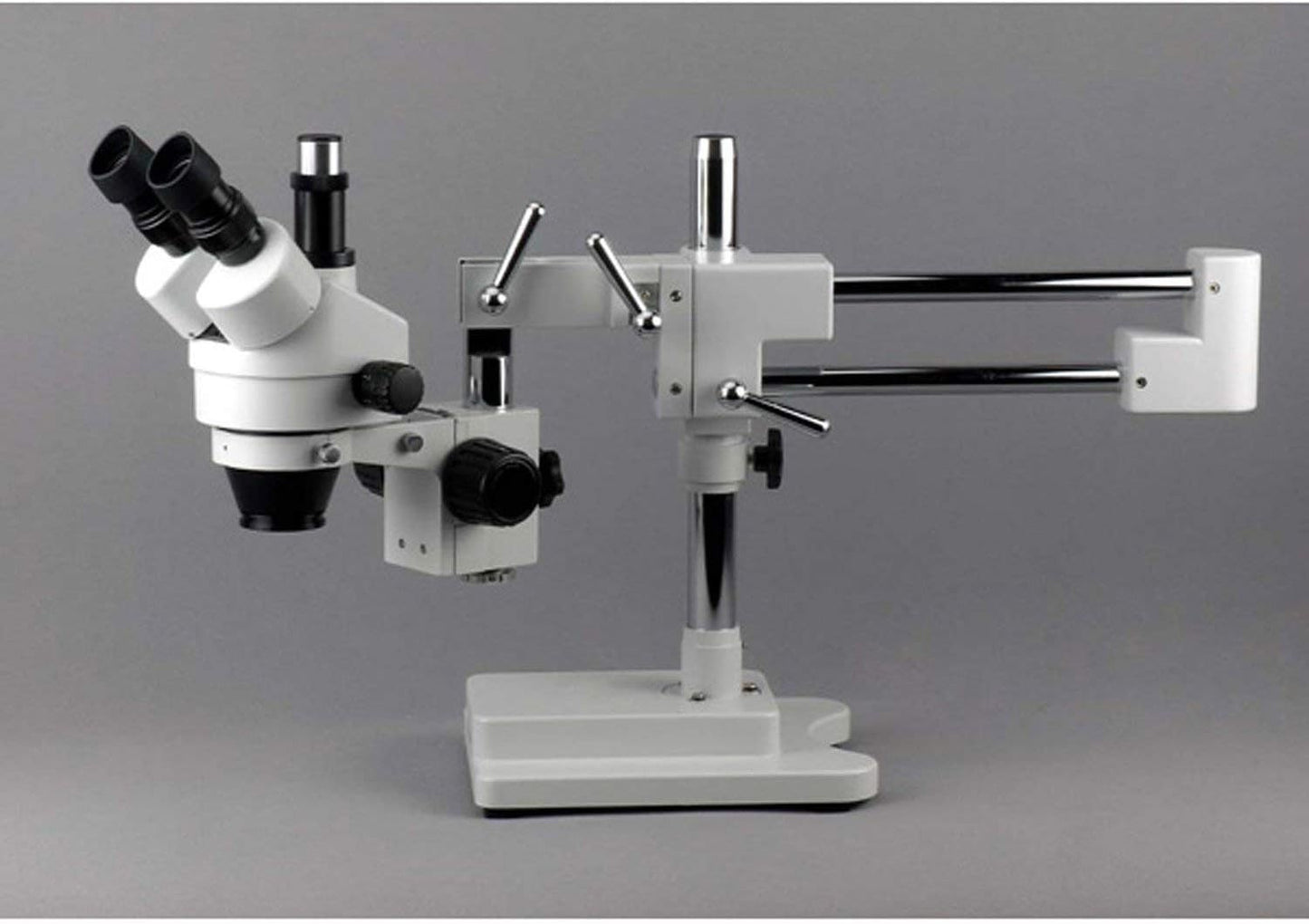 AmScope SM-4TPZ Professional Trinocular Stereo Zoom Microscope with Simultaneous Focus Control, WH10x Eyepieces, 3.5X-90X Magnification, 0.7X-4.5X Zoom Objective, Ambient Lighting, Double-Arm Boom Stand, Includes 0.5X and 2.0X Barlow Lens
