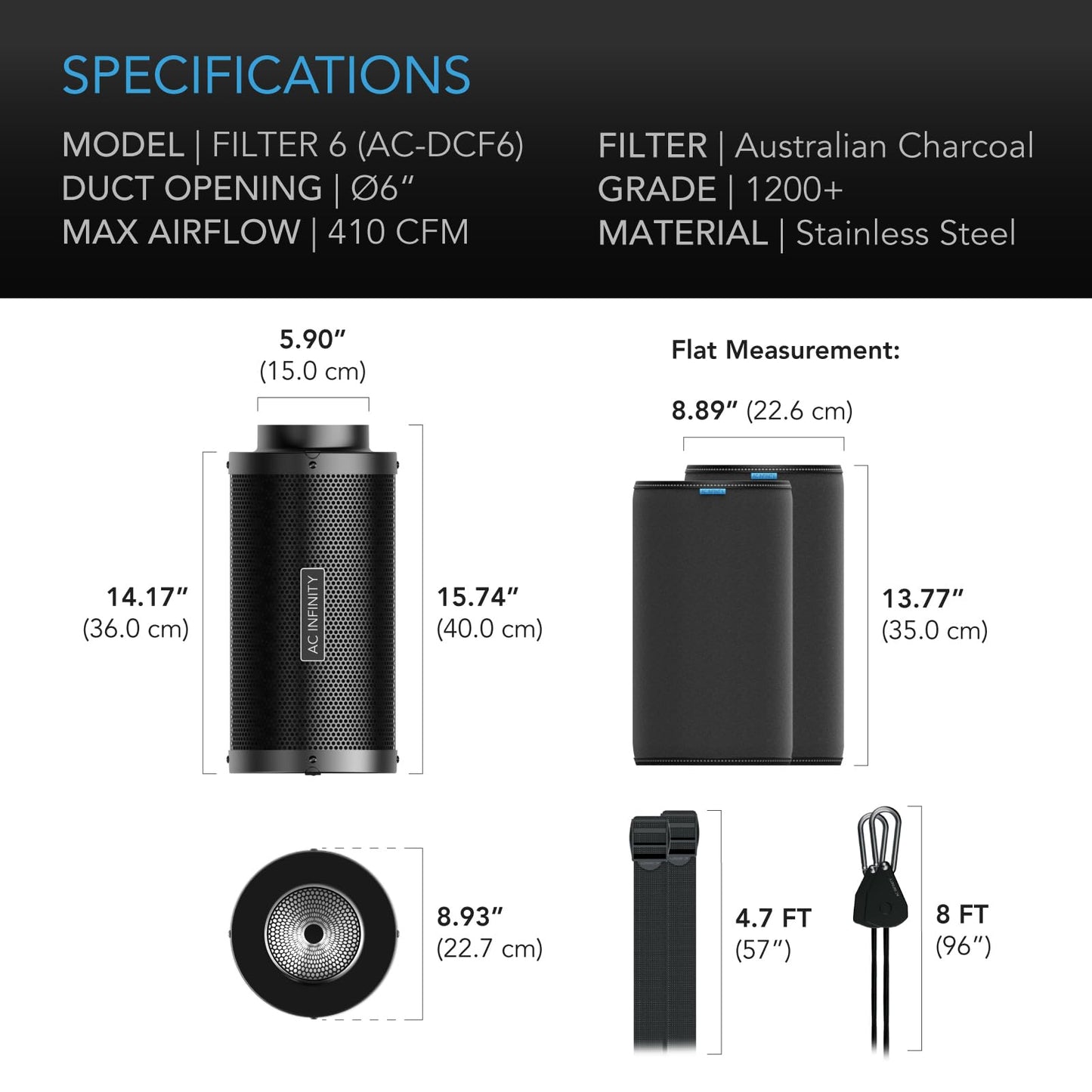 AC Infinity Air Carbon Filter 6" with Premium Australian Virgin Charcoal, for Inline Duct Fan, Odor Control, Hydroponics, Grow Rooms