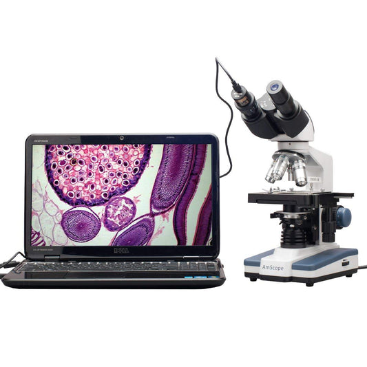 AmScope B120 Series Student & Professional LED Binocular Compound Microscope - 40X-2500X Magnification - Includes 5MP USB Camera & Siedentopf Head