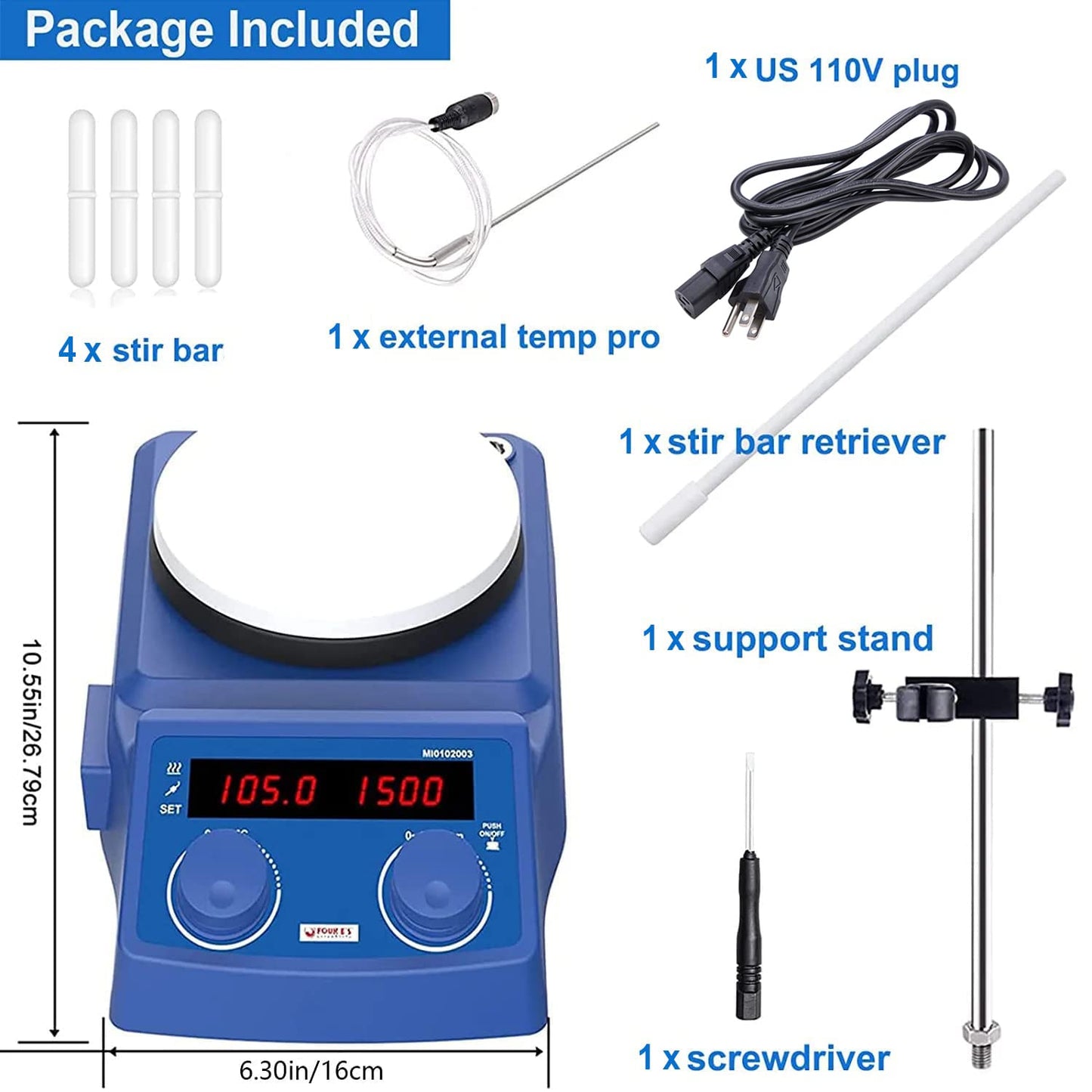 FOUR E'S SCIENTIFIC 5 Inch Magnetic Stirrer Hot Plate Max Temp 280℃/536°F | Max 5L Stirring Capacity | 100-1500RPM | 110V | Laboratory Hot Plate with Temp Probe Sensor & Stir Bar (Not Include Stand）