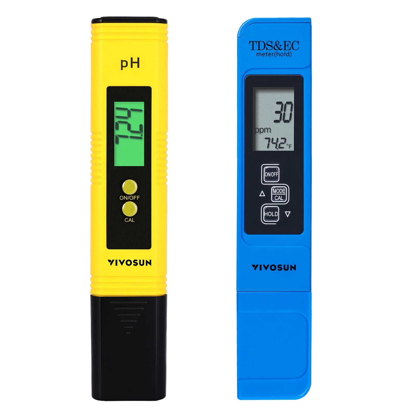 VIVOSUN Digital pH and TDS Meter Kits, 0.01pH High Accuracy Pen Type pH Meter ± 2% Readout Accuracy 3-in-1 TDS EC Temperature Meter for Hydroponics, Pool and Aquarium, Yellow Blue, UL Certified