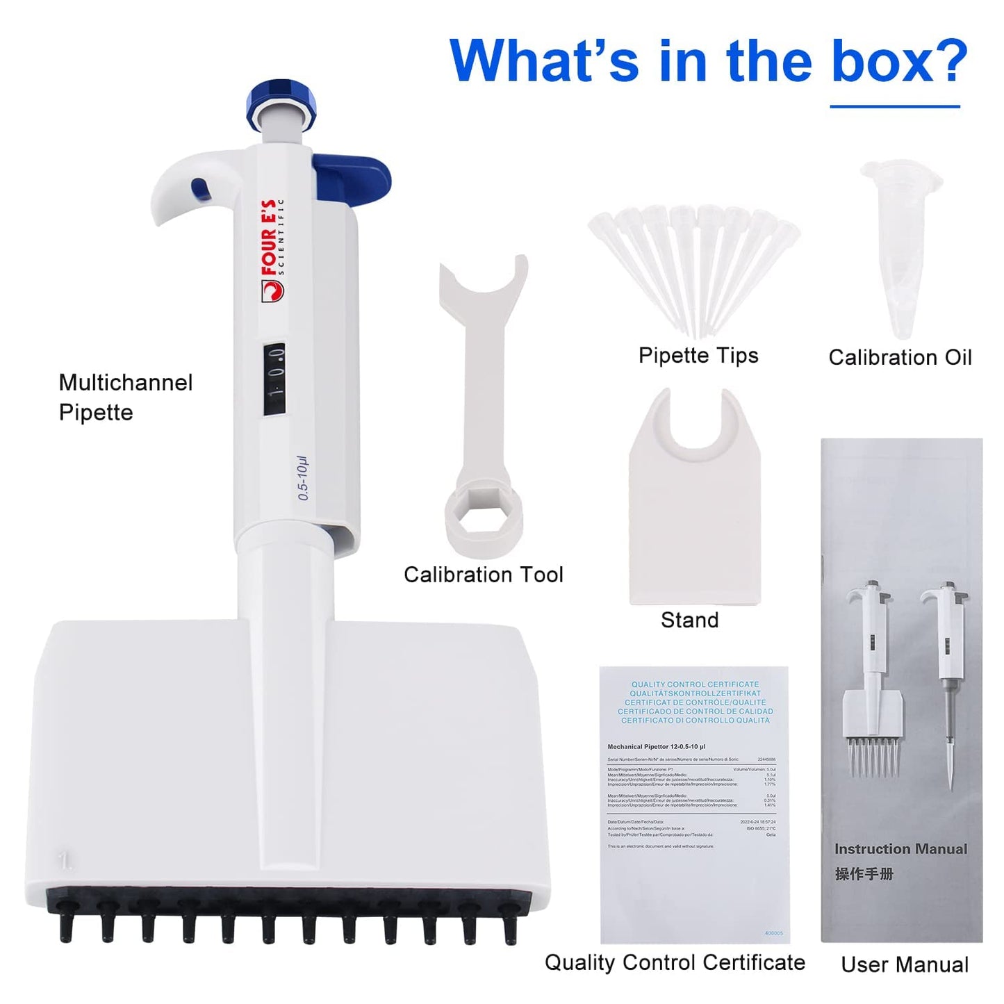 FOUR E'S SCIENTIFIC 0.5-10 uL Pipettor 12-Channel Multichannel Pipettes Adjustable High Accurate Micropipette for Laboratory