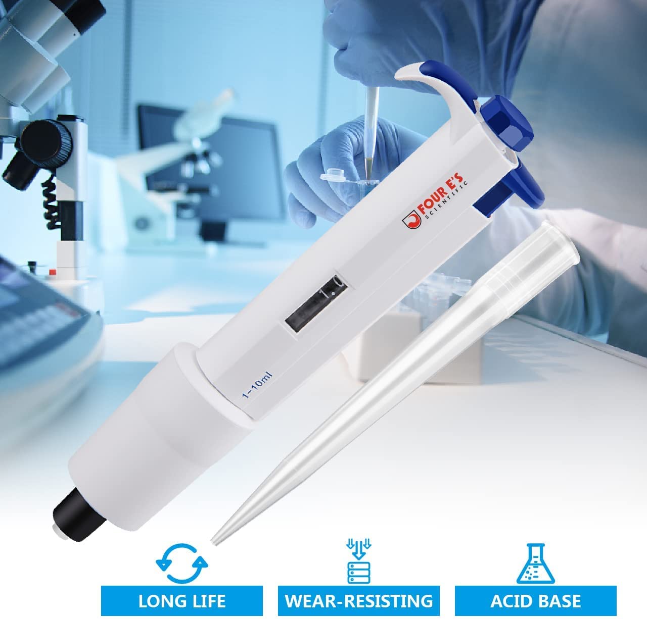 FOUR E'S SCIENTIFIC 1-10ML Single-Channel Pipettor Adjustable Variable Volume Micropipette High Accurate Pipettor for Laboratory