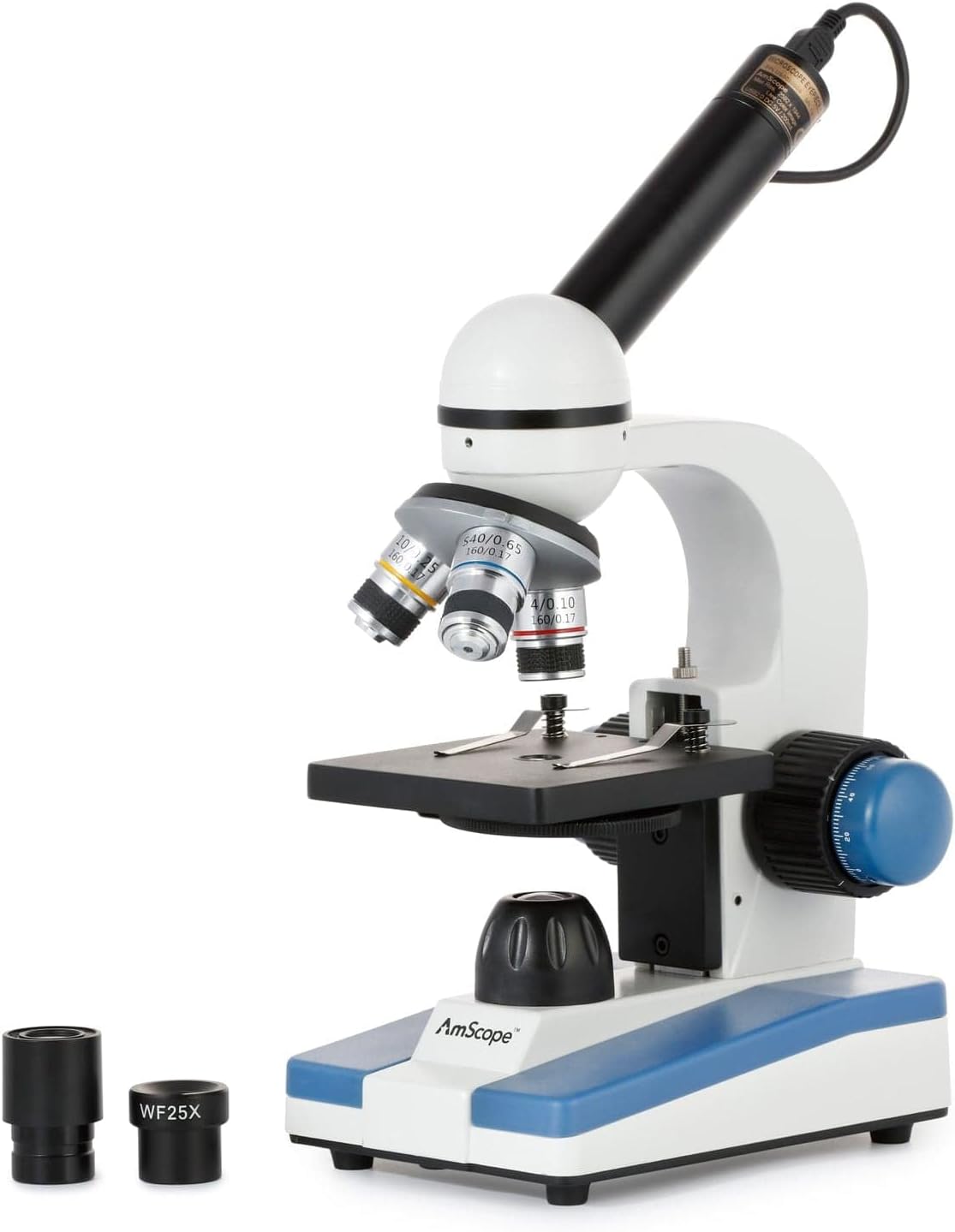 AmScope M150 Series Portable LED Monocular Student Compound Microscope - 40X-1000X Magnification - Microscope Kit Includes Dust Cover, 2 Clips & 2 Eyepieces