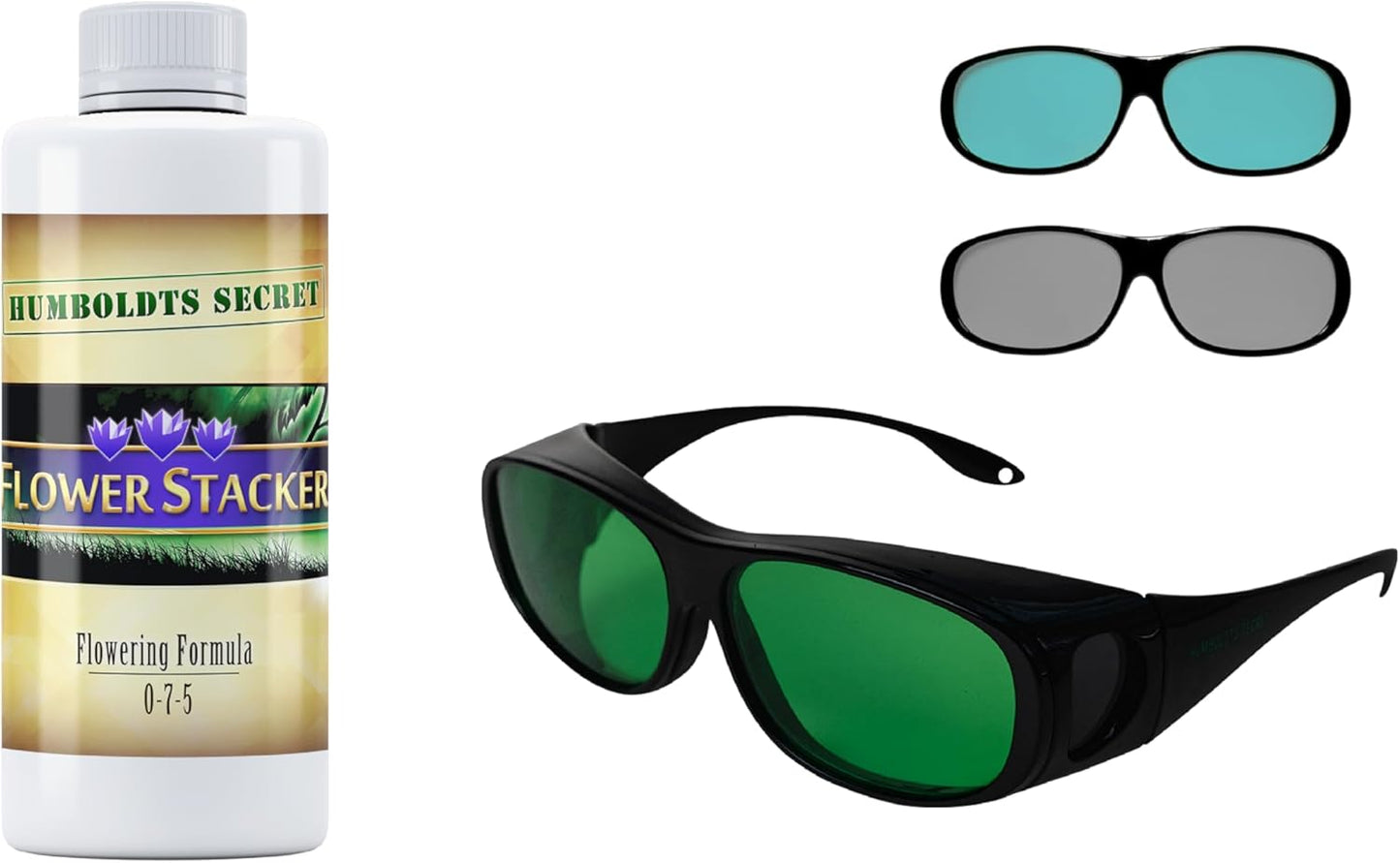 Humboldts Secret Flower Stacker Nutrient System for Potting Soil for Indoor & Outdoor Plants (8 oz) w/Grow Room Glasses | Interchangeable Magnetic Sunglasses with UVA/UVB Blocking Protection