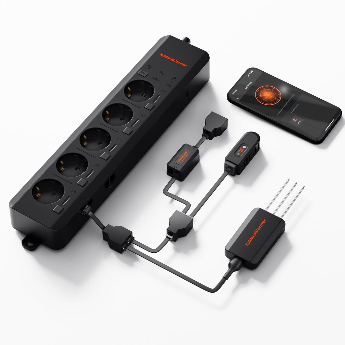 Spider Farmer GGS AC5 Power Strip Kits, 5 AC Smart APP-Based Controls Outlets, 3 in 1 Soil Sensor, Temp Humid Light Sensor, for Indoor Grow Tent and Room