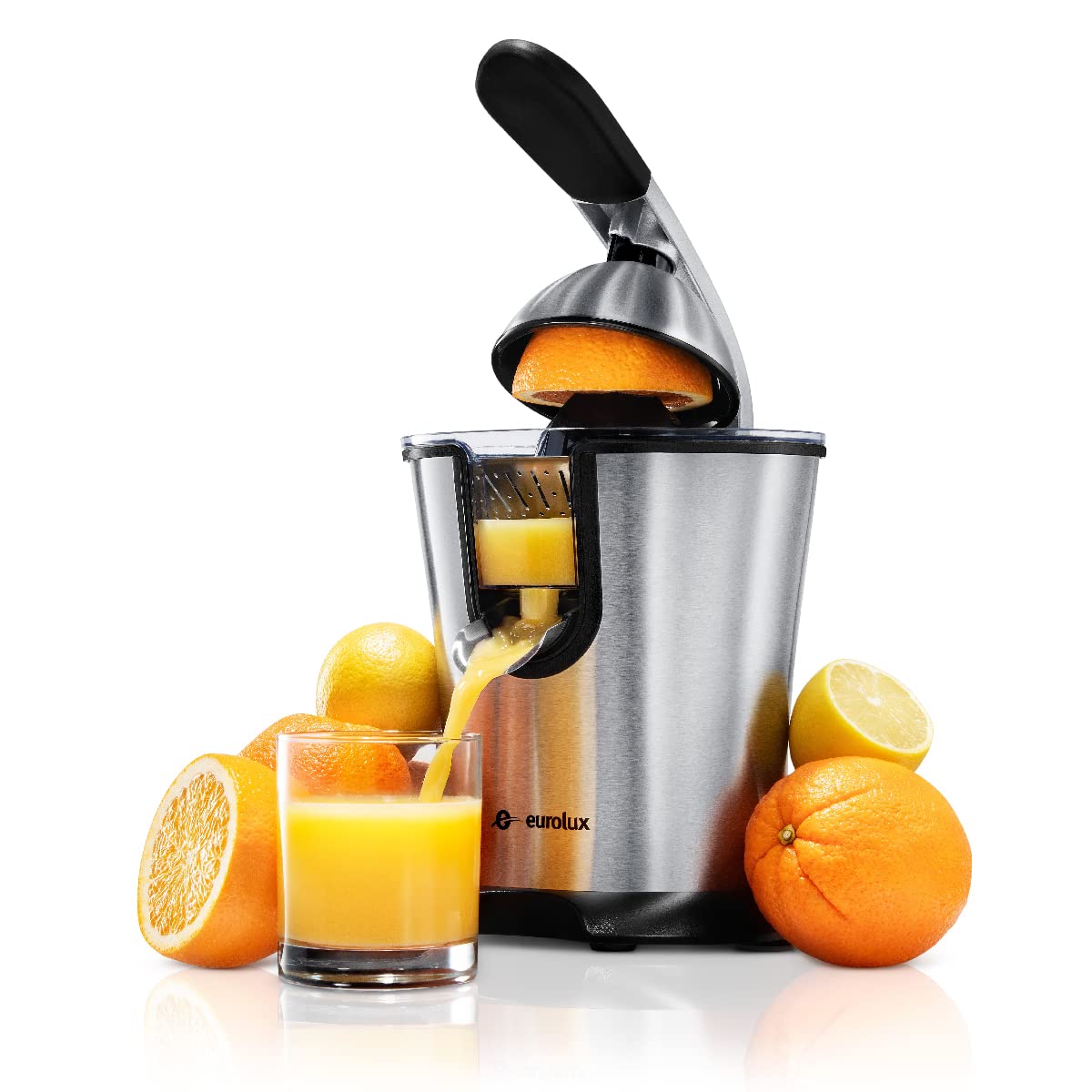 Eurolux Premium Electric Orange Juicer | Stainless Steel Citrus Squeezer With New Ultra-Powerful Motor and Soft Grip Handle for Effortless Juicing, Auto Shutoff, Dishwasher-safe Parts, Pulp Control