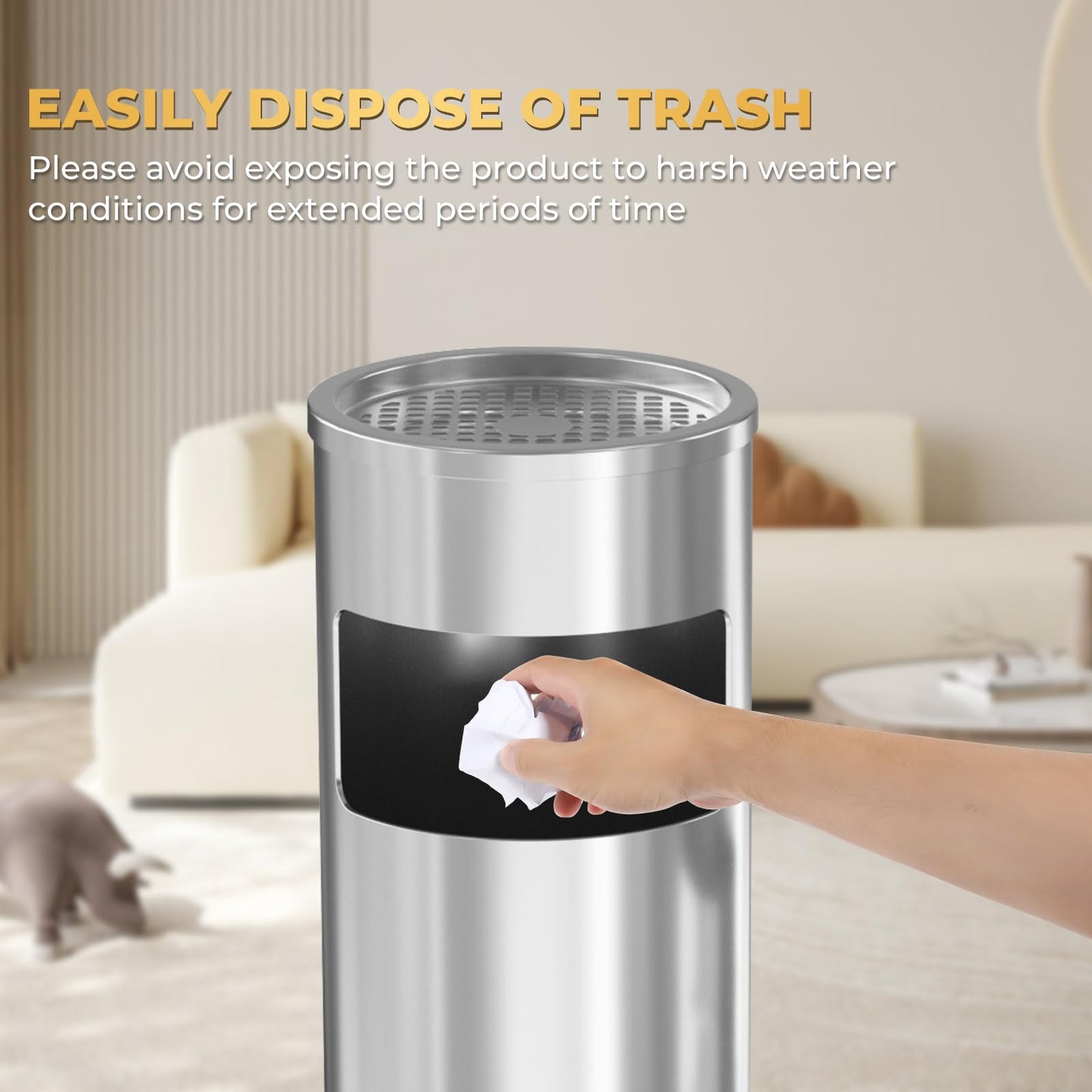 Trash Can Outdoor Waste Container Square Stainless Steel Trash Can with Removable Inner Bucket for Disposal Commercial Waste Container 9.45‘’ x 9.45‘’ x 24.02‘’-Black