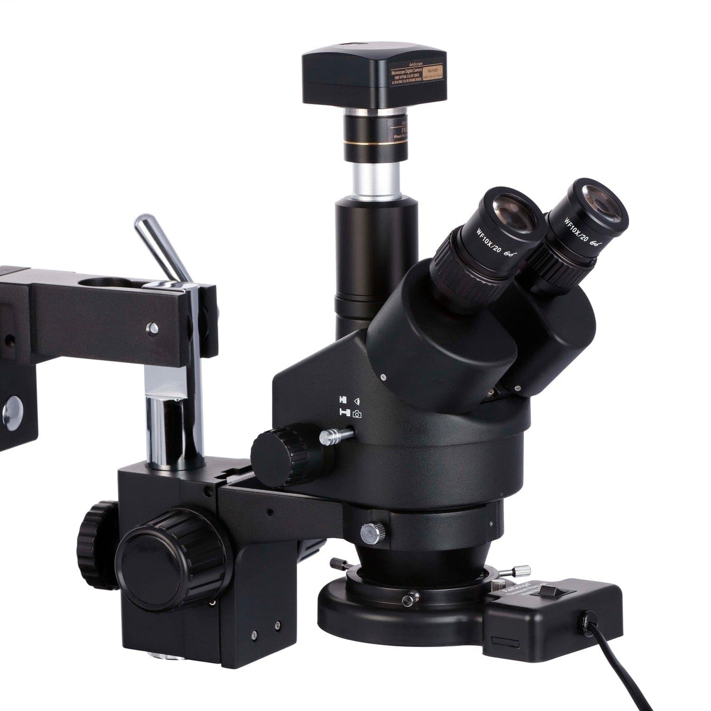 AmScope SM-4TZ-144A Professional Trinocular Stereo Zoom Microscope, WH10x Eyepieces, 3.5X-90X Magnification, 0.7X-4.5X Zoom Objective, Four-Zone LED Ring Light, Double-Arm Boom Stand, 110V-240V, Includes 0.5X and 2.0X Barlow Lens