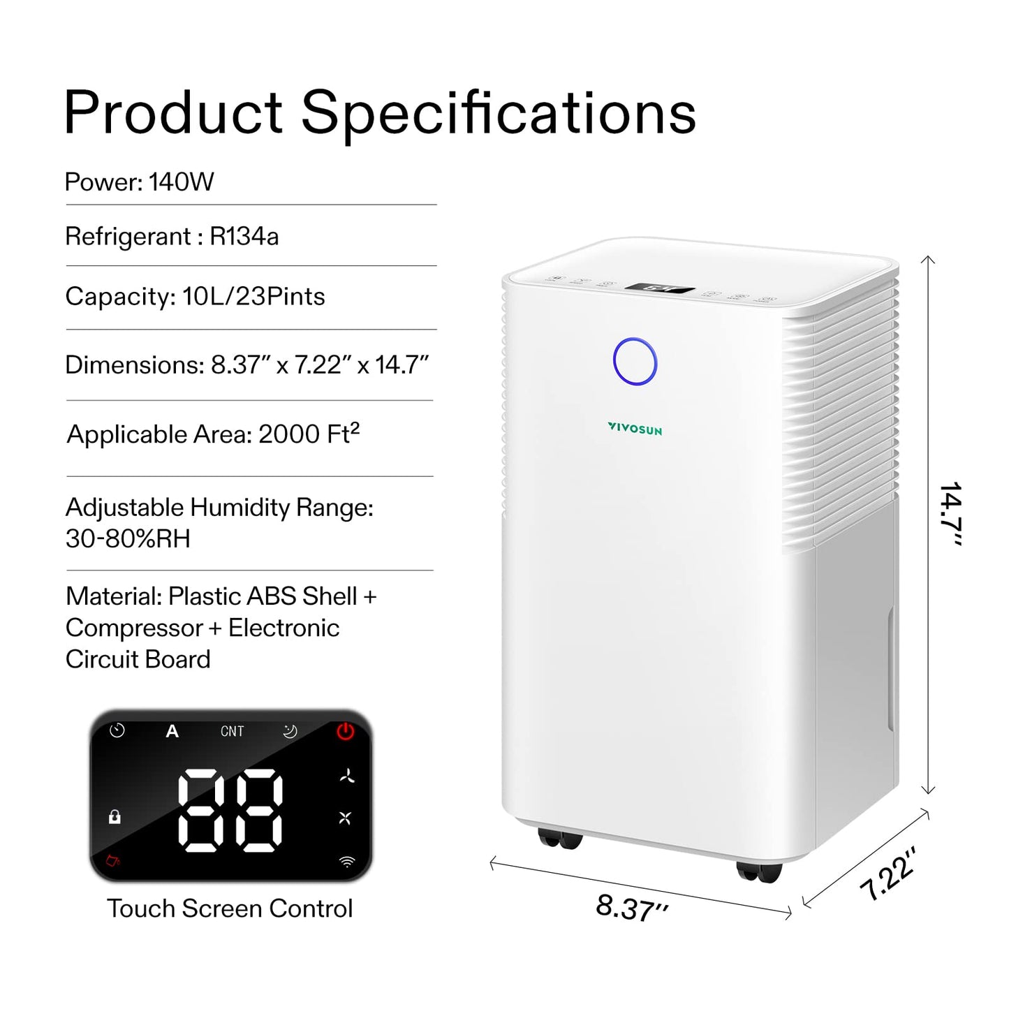 VIVOSUN Electric Mini Dehumidifier, Ultra-Quiet Auto Defrost Dehumidifier with Timer, 2200ML Water Tank and Drain Hose for Basement or Closets, Bedrooms, Showers, and Other Small Rooms