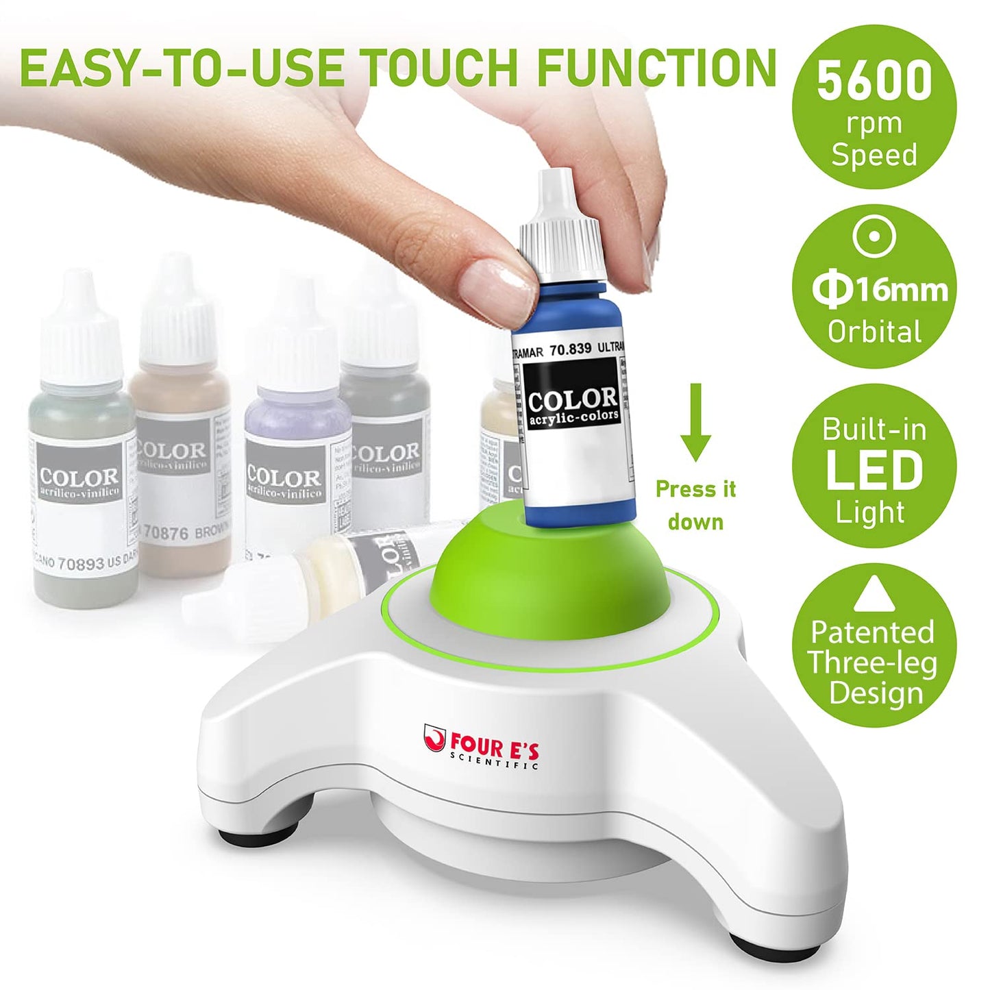 FOUR E'S SCIENTIFIC Vortex Mixer 5600rpm, Paint Mixer Touch Function, Mini Lab Vortex Shaker with an Extra Silicone Cap for Acrylic Miniature Model Paints Nail Polish Ink