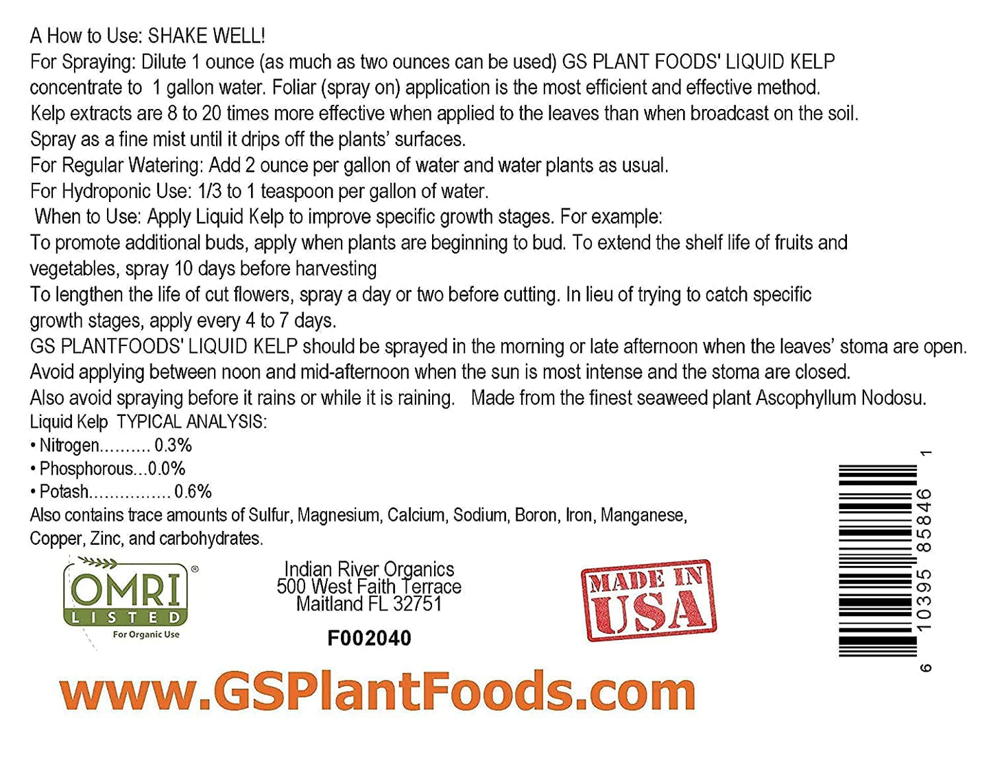 Organic Kelp Fertilizer by GS Plant Foods - OMRI Listed(1 Gallon) - Liquid Kelp Concentrate for Gardens, Lawns & Soil Yields 800+ gallons