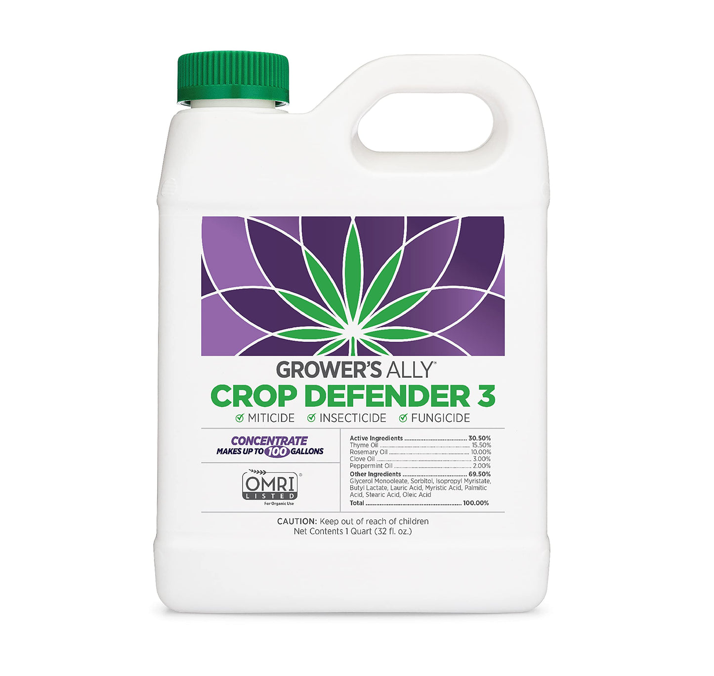 Grower's Ally Crop Defender 3 Ready-to-Use 24 oz | Natural, Safe & Organic Insecticide & Fungicide Control for Plants - Powdery Mildew, Spider Mites & Russet Mite Killer, OMRI Listed