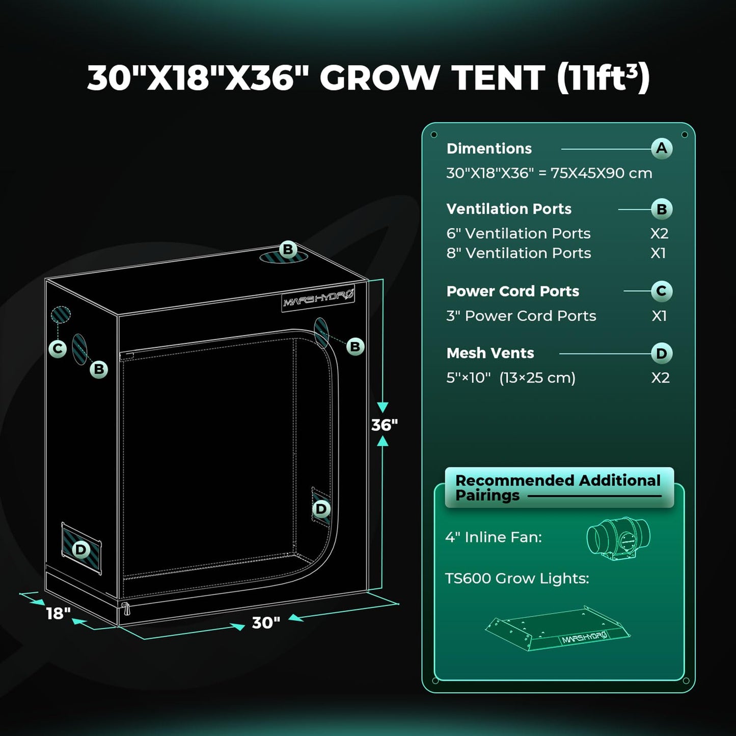 MARS HYDRO 2x2 Advanced Grow Tent, 24"x24"x55" High Reflective Mylar 1680D for Hydroponics Indoor Plant Growing, with Observation Window,Floor Tray and Smooth Zipper for TS600/TS1000