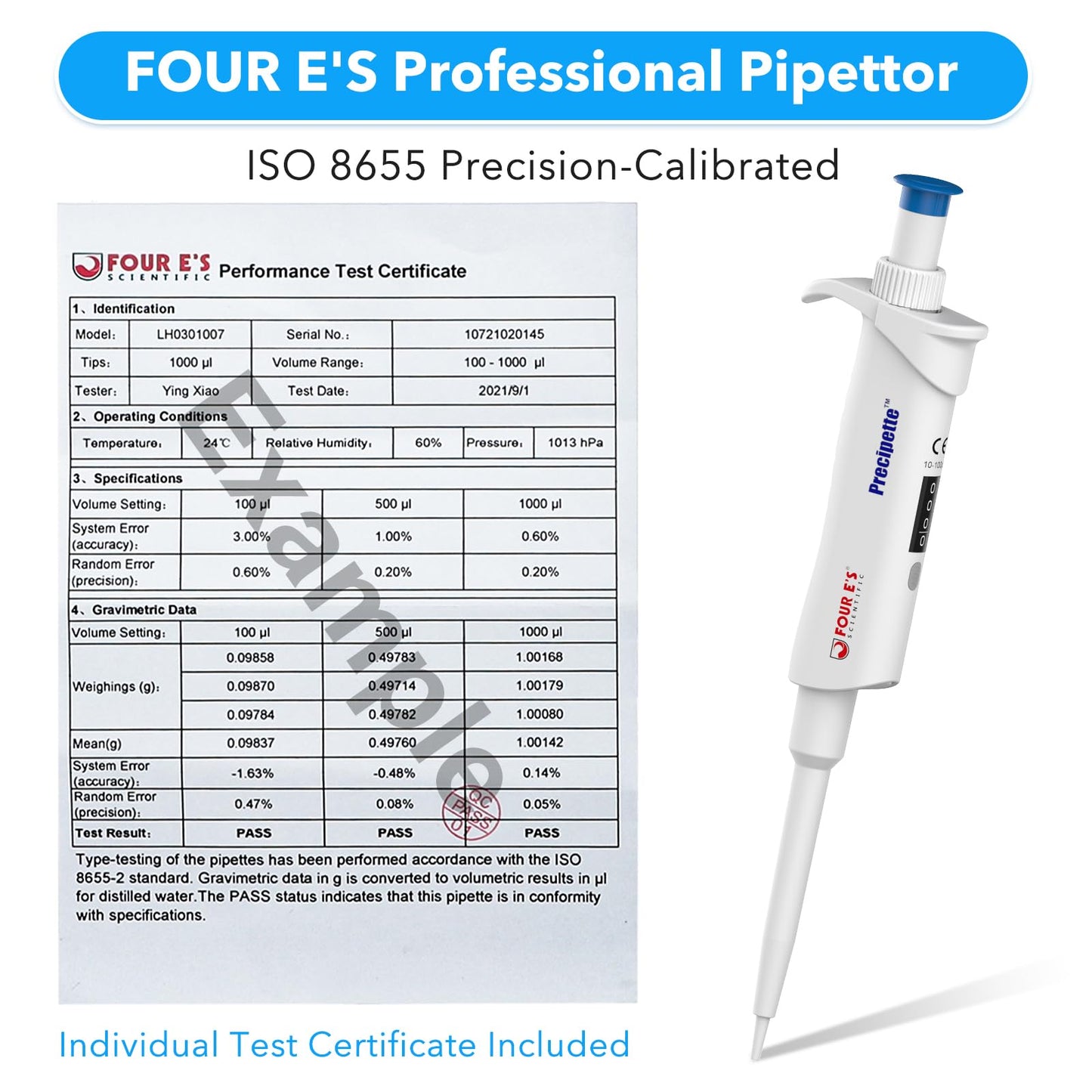 FOUR E'S SCIENTIFIC 20-200μL Pipette, Professional Single-Channel Pipettor Lightweight High Accurate Adjustable Variable Volume Micro Pipette with Calibration Certificate (Model LH0301006)