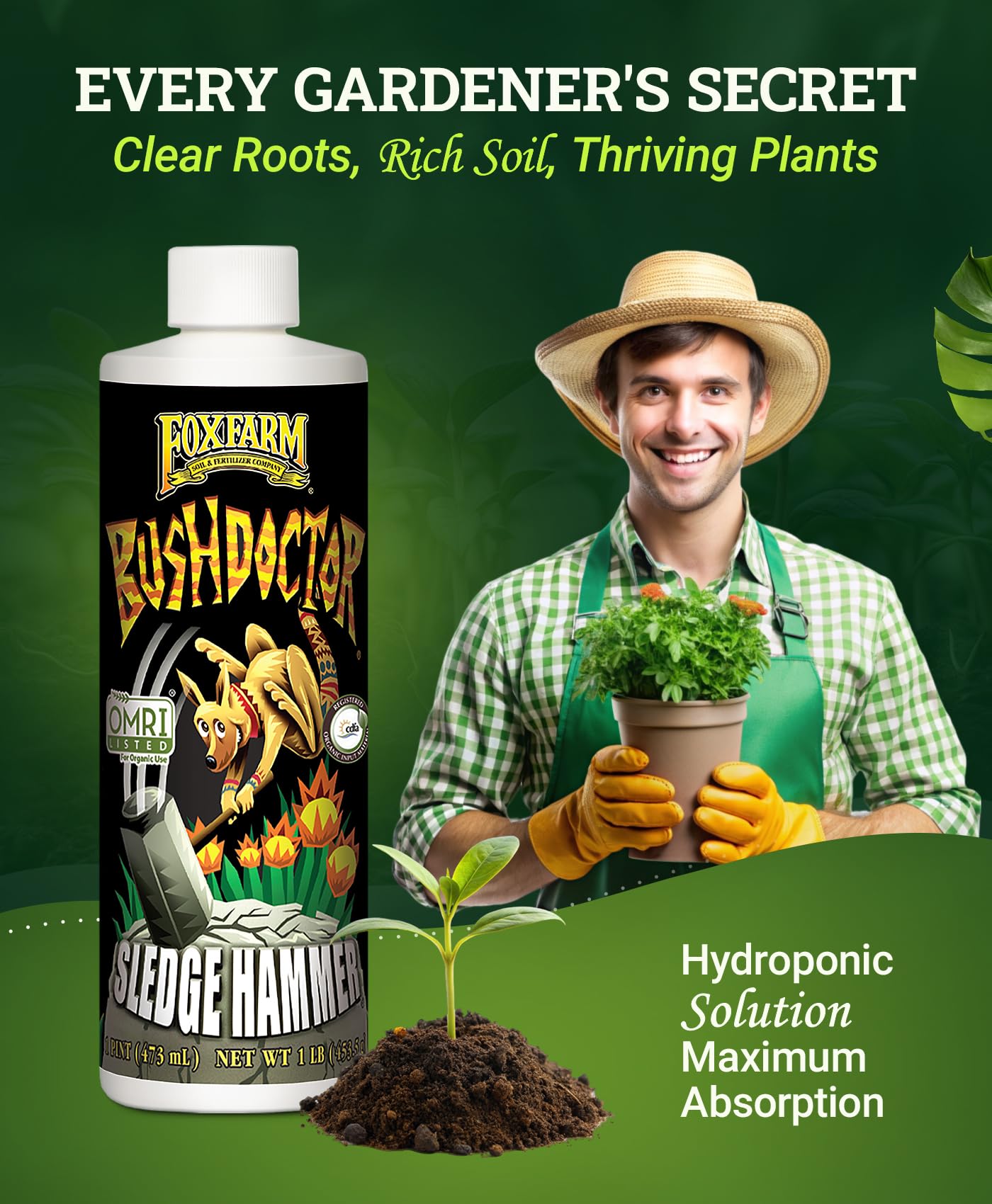 FoxFarm BushDoctor Sledgehammer - Rinse Formula with Yucca Saponin, Clears Fertilizer Buildup, Enhances Root Moisture Absorption - Perfect for Hydroponic and Soil Application (Quart)