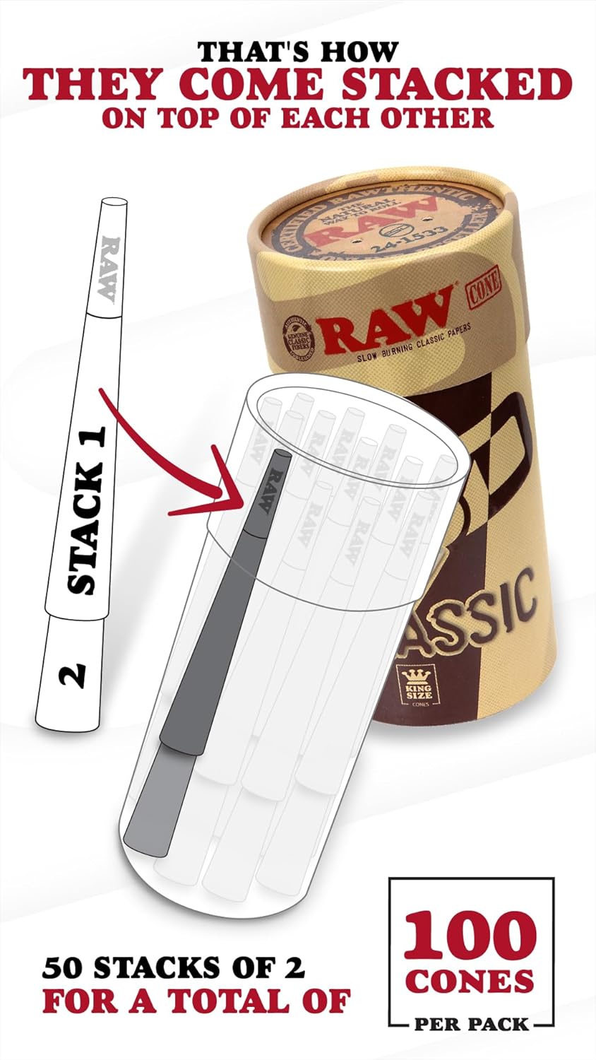 RAW Cones Classic King Size - 100 Pack - Slow Burning Pre Rolled Paper with Tips and Packing Tubes Included