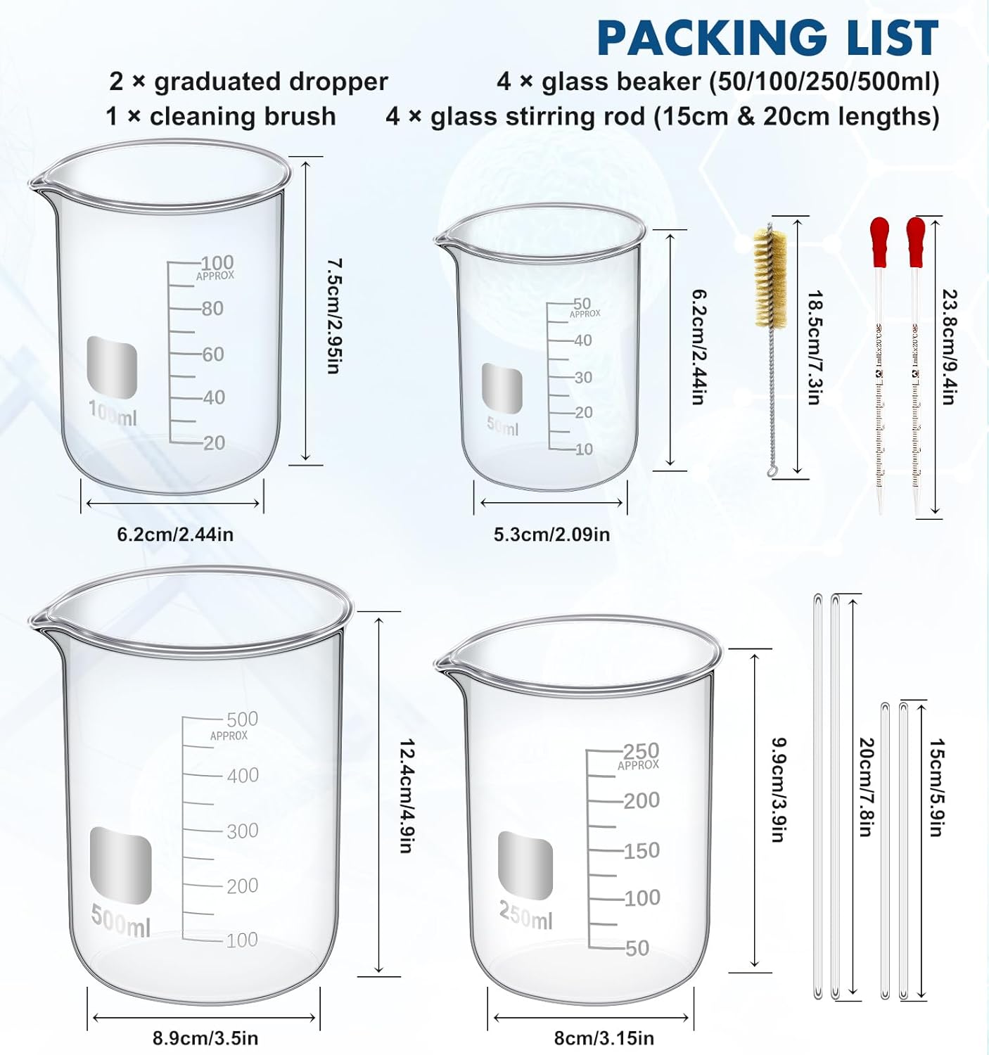FOUR E'S SCIENTIFIC Glass Beaker Set 50/100/250/500 ml, Glass Flask 50/100/150/250 ml, Graduated Cylinder 10/25/50/100ml, 1 Brush, 2 Droppers, and 4 Stirring Rods