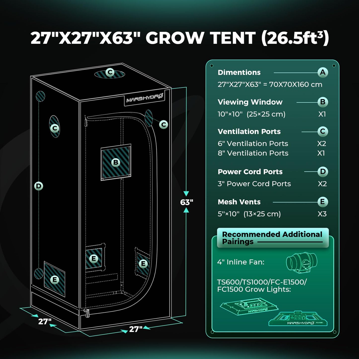 MARS HYDRO 2x2 Advanced Grow Tent, 24"x24"x55" High Reflective Mylar 1680D for Hydroponics Indoor Plant Growing, with Observation Window,Floor Tray and Smooth Zipper for TS600/TS1000
