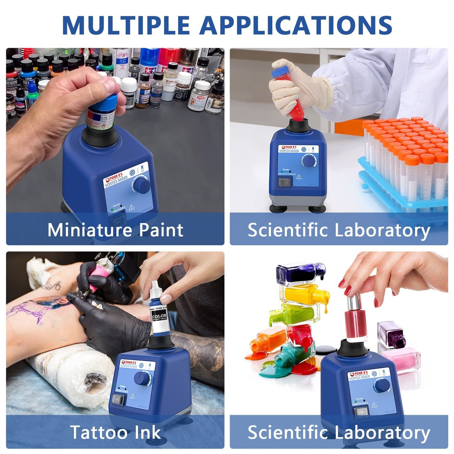 FOUR E'S SCIENTIFIC Laboratory Vortex Mixer Various Speed 0-3000rpm, Touch & Continuous Function - Vortex Shaker Mixer Test Tubes Acrylic Paints Ink