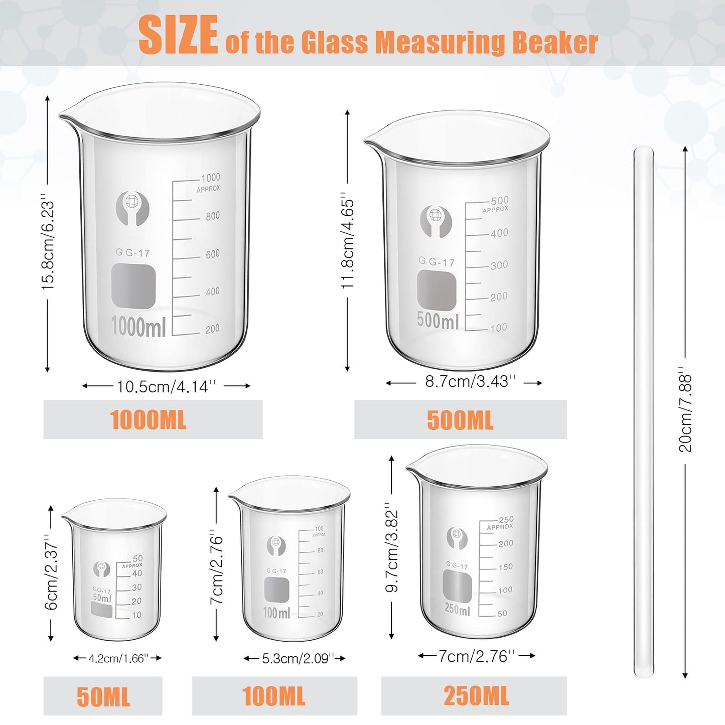 Feekoon 10 Pieces Glass Measuring Beaker and Graduated Measuring Cylinder with Stirring Rod 50/100/ 250/500/ 1000 ml Thick Glass Beakers and 5/10/ 50/100 ml Graduated Cylinders for Science Lab