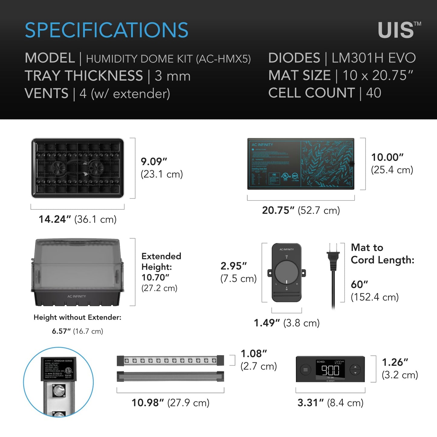 AC Infinity Heavy-Duty Humidity Dome 5x8 Germination Kit, Full Spectrum LED Grow Light Bars w/Samsung LM301H EVO LEDs, Heat Mat, 3 mm Thickest Dome, Trays, Vented Panels, for Seed Starting