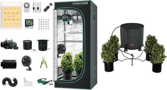 MARS HYDRO 2x2 Grow Tent Kit Complete System with Auto Drip Irrigation Kits ，10 Speed Clip Fan,100W TS600 LED Full Spectrum Grow Light,24"x24"x55" 1680D High Reflective Mylar Grow Tent,4 inch 205 CFM