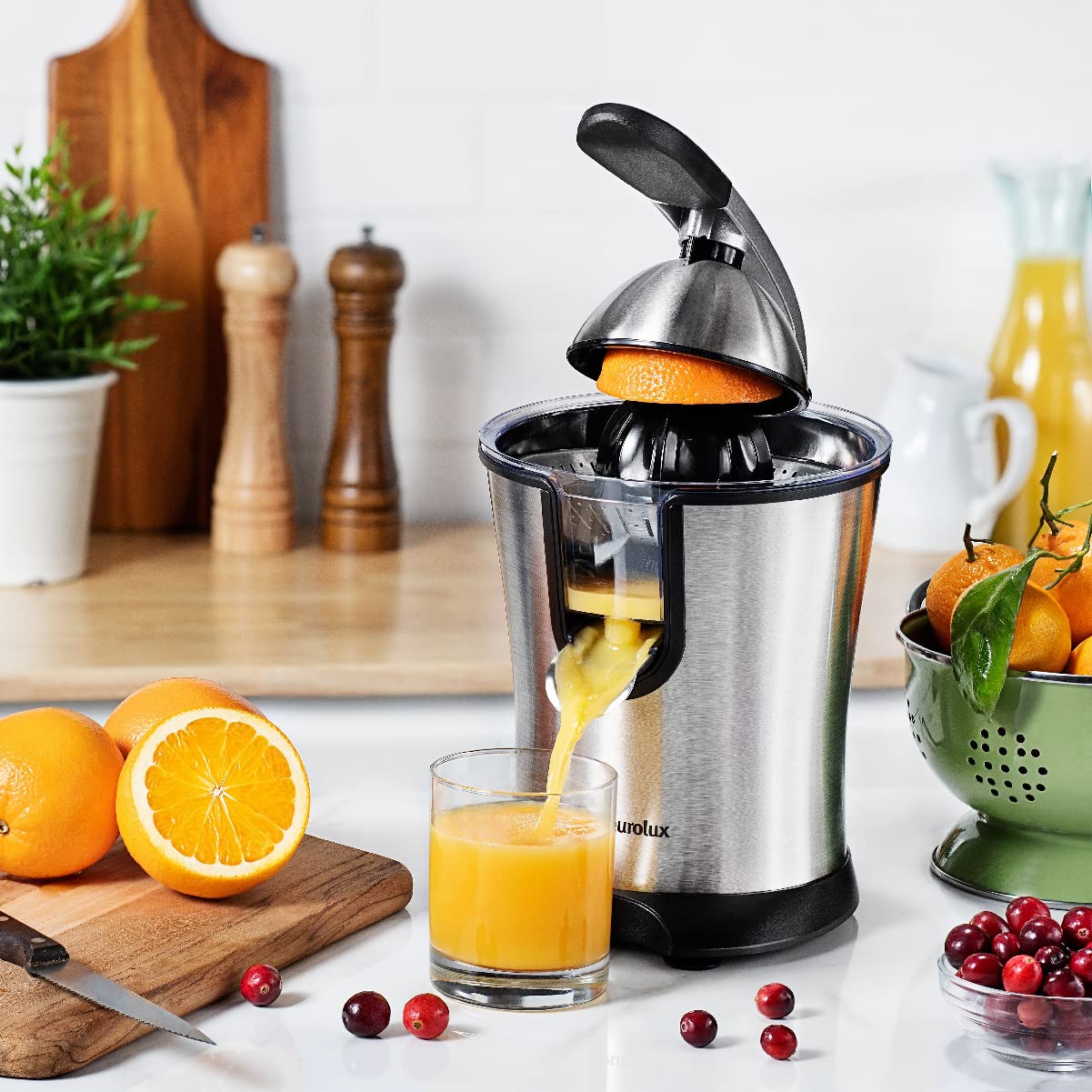 Eurolux Premium Electric Orange Juicer | Stainless Steel Citrus Squeezer With New Ultra-Powerful Motor and Soft Grip Handle for Effortless Juicing, Auto Shutoff, Dishwasher-safe Parts, Pulp Control