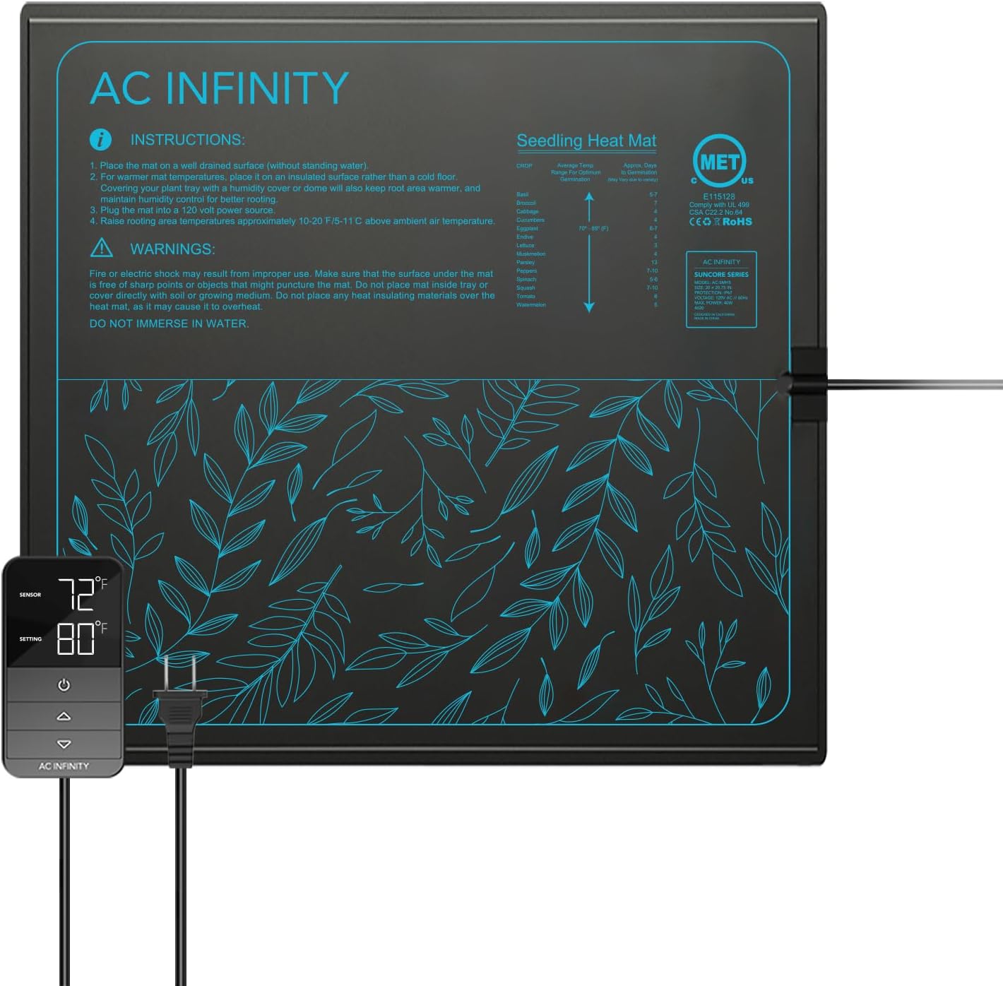 AC Infinity SUNCORE H5, Seedling Mat 20” x 20.75” with Digital Thermostat Controller for Exact Temperature Levels, Waterproof Heating Pad for Indoor Gardening, Hydroponics, Germination, Cloning