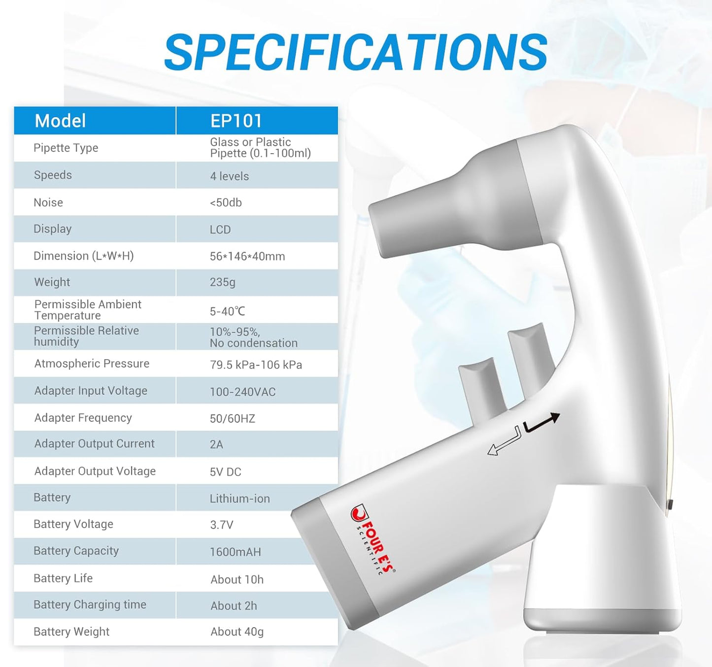 FOUR E'S SCIENTIFIC Electric Pipette Controller 0.1-100mL, Automatic Motorized Pipette Filler with LCD Screen, Adjustable Speed