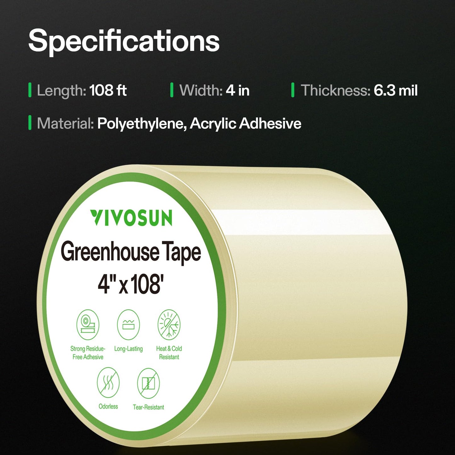 VIVOSUN Greenhouse Repair Tape, 6.3 mil 3" x 108' Weatherproof Clear Poly Patch Tape, Heavy Duty Greenhouse Sheeting Coverings Film Tape for Plastic Sheeting and Tents