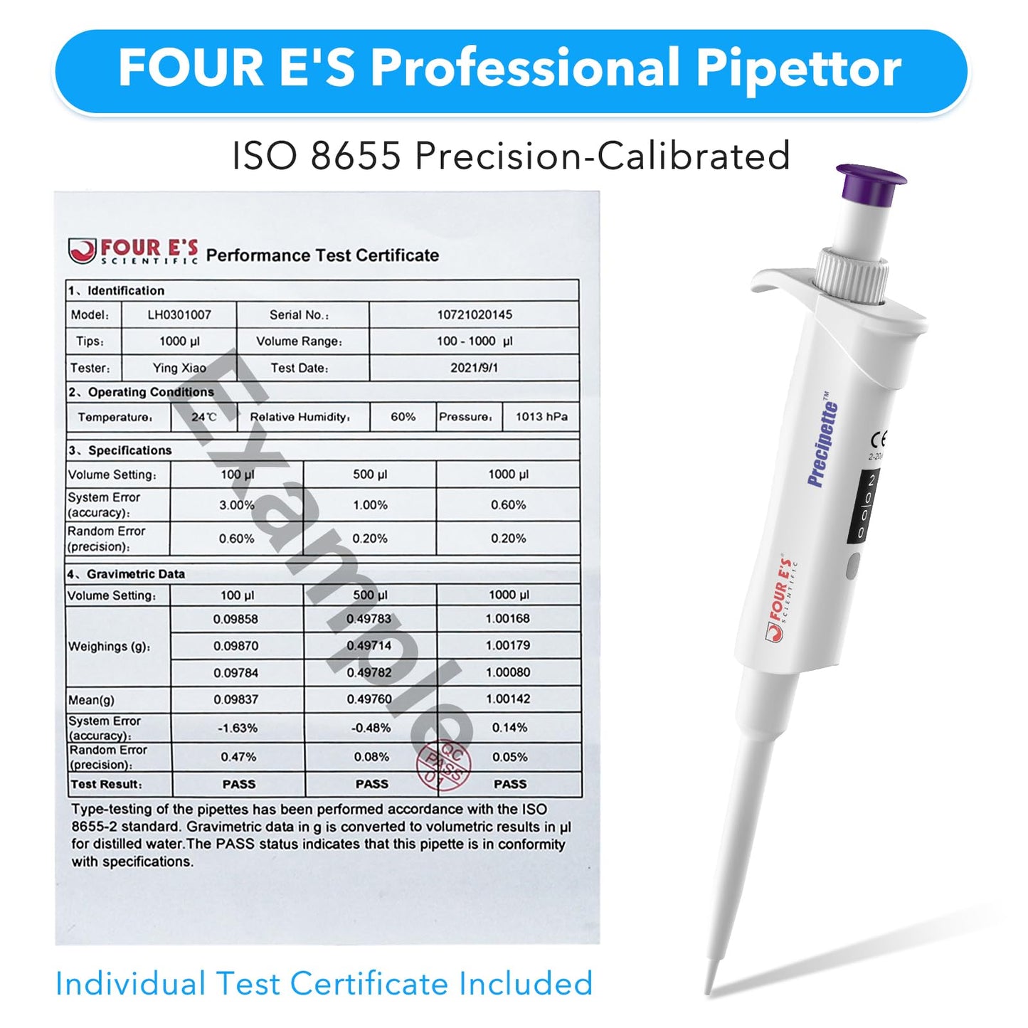 FOUR E'S SCIENTIFIC 20-200μL Pipette, Professional Single-Channel Pipettor Lightweight High Accurate Adjustable Variable Volume Micro Pipette with Calibration Certificate (Model LH0301006)