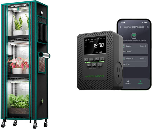 MARS HYDRO 2025 Plant Stand with Grow Lights 4-Tier Plant Shelf with 6 Full Spectrum LED Lamps (54W, 12‘’) & Grow Tent+2025 MARS Hydro ITime 2-in-1 Smart Timer