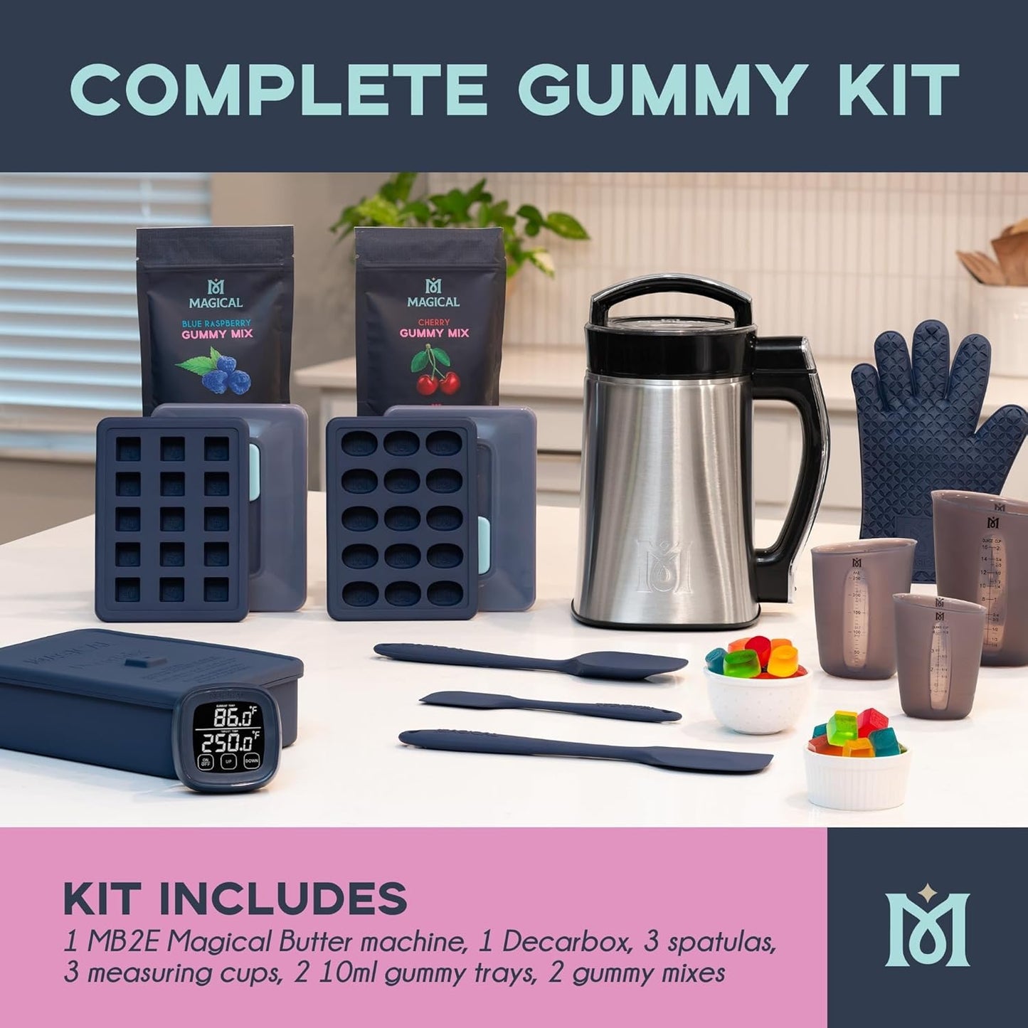 Magical Butter Complete Infusion & Gummy Kit – MB2E Machine, Blue Raspberry & Cherry Mix, DecarBox, 10 mL Molds, Spatulas & Measuring Cups